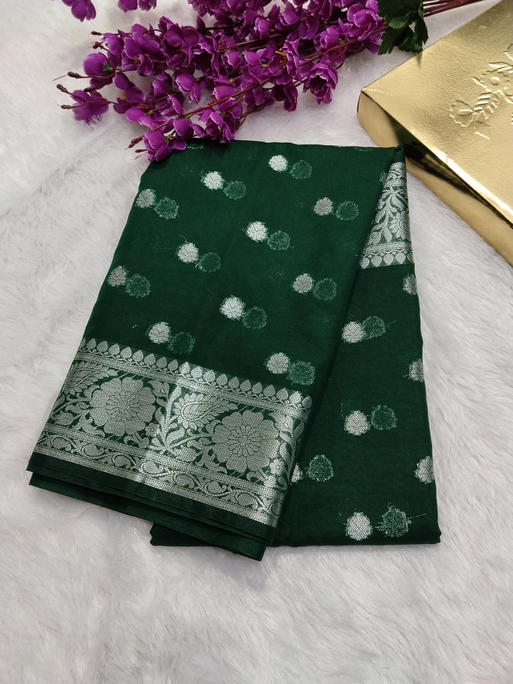 Bottle Green Colour Silver Zari Khaddi Georgette Saree