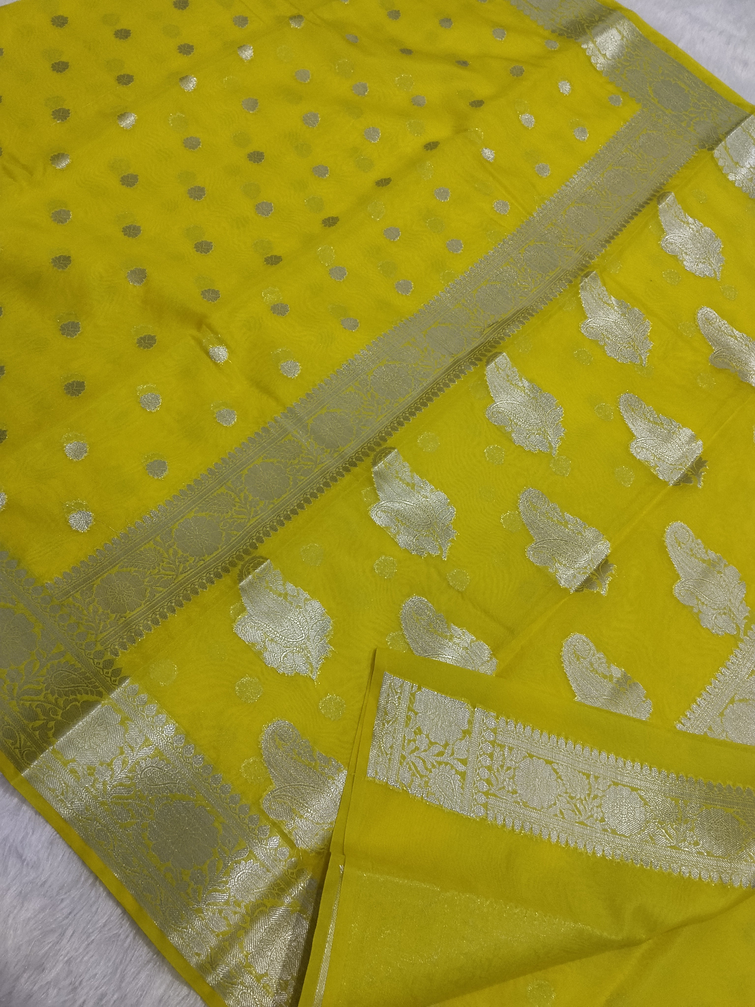 Yellow Colour Silver Zari Khaddi Georgette Saree
