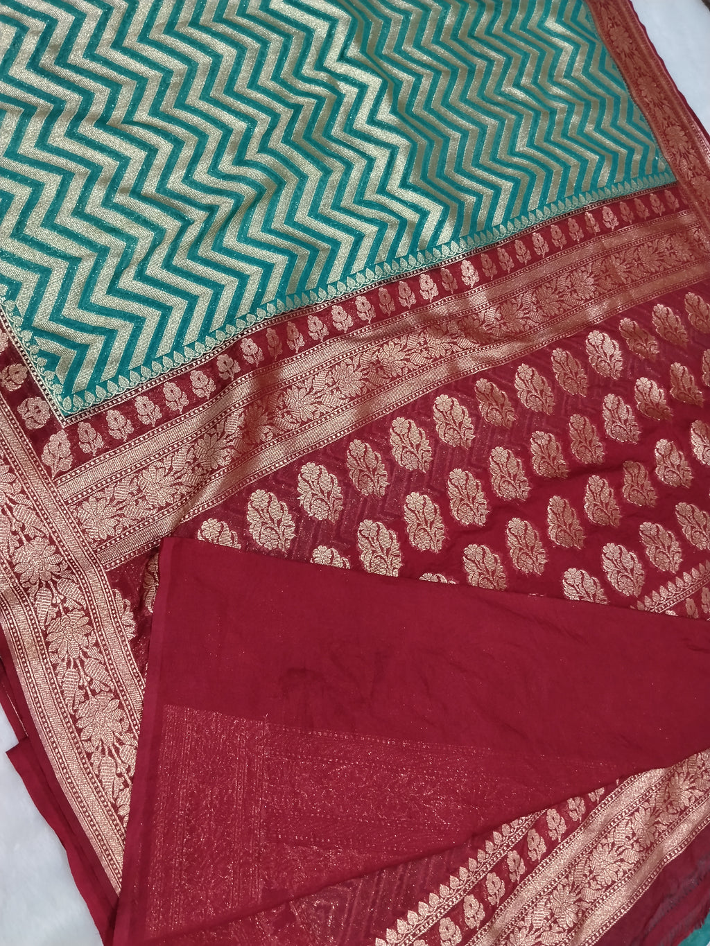 Dark Seam Green And Maroon Colour Banarasi Khaddi Georgette Saree Golden Zari