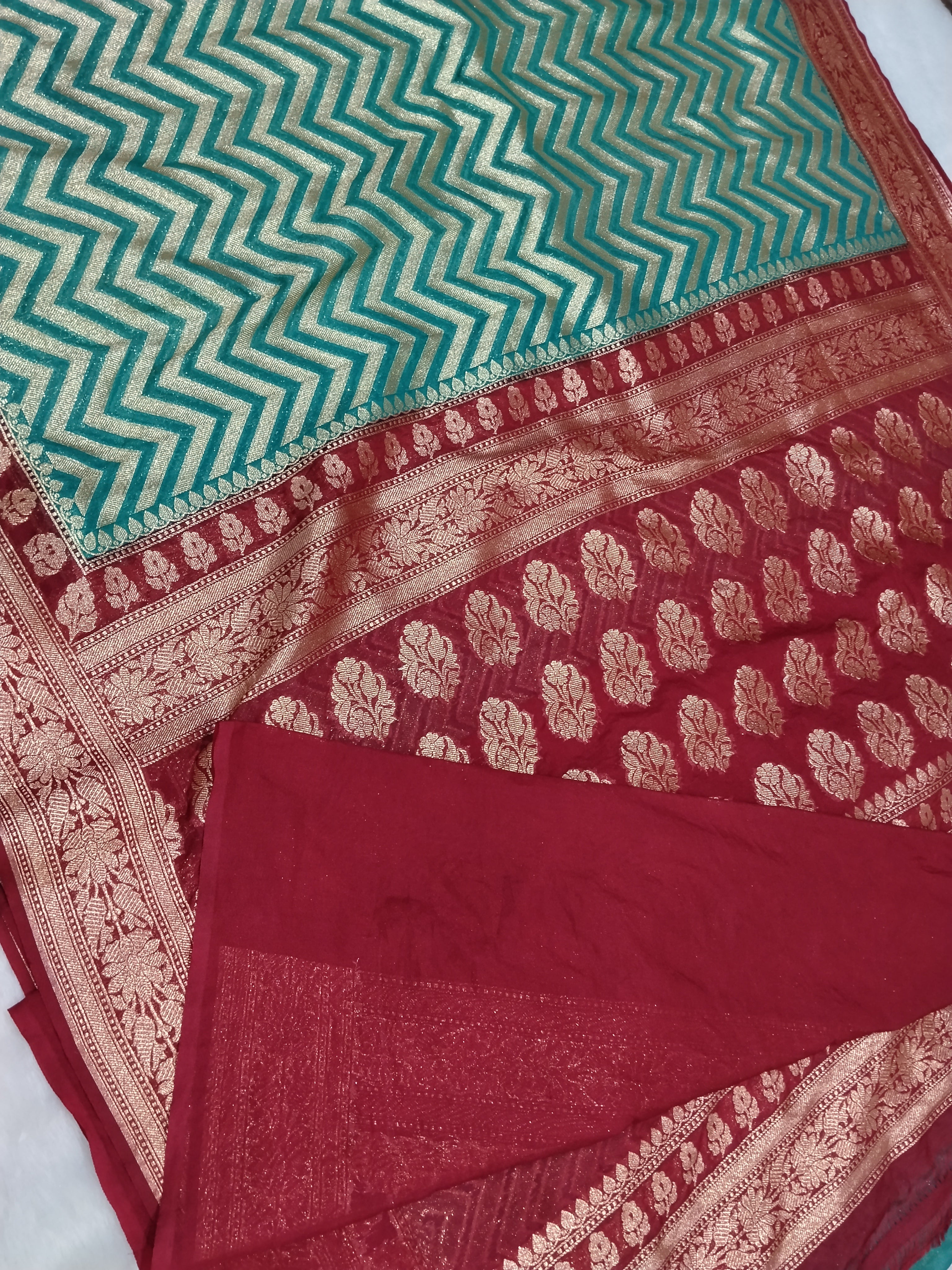 Dark Seam Green And Maroon Colour Banarasi Khaddi Georgette Saree Golden Zari