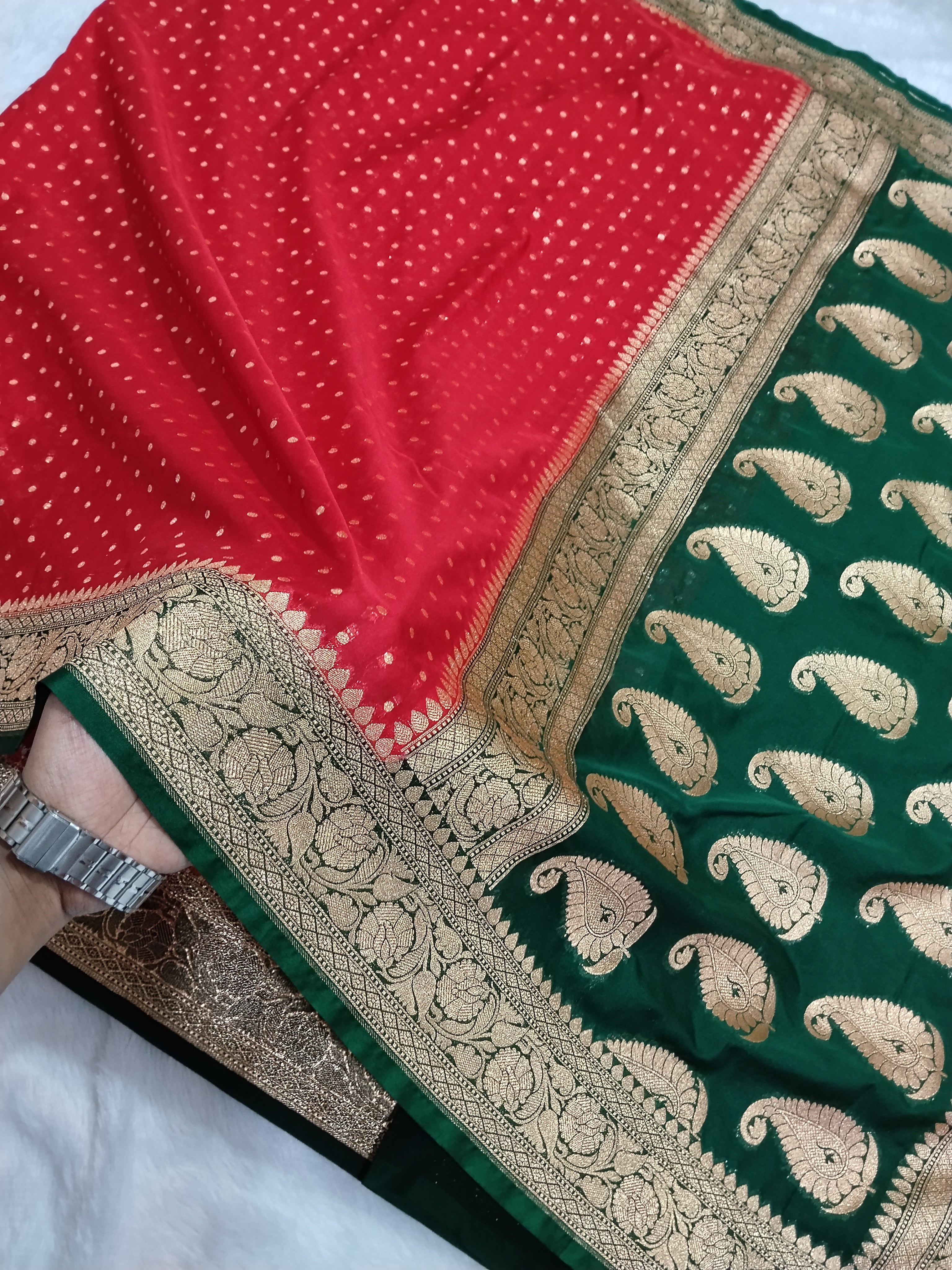 Red And Bottle Green Gold Zari Khaddi Georgette Saree