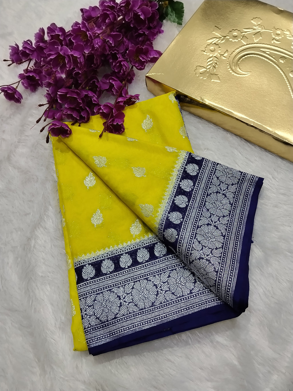 Lemon And Violet Colour Silver Zari Khaddi Georgette Saree