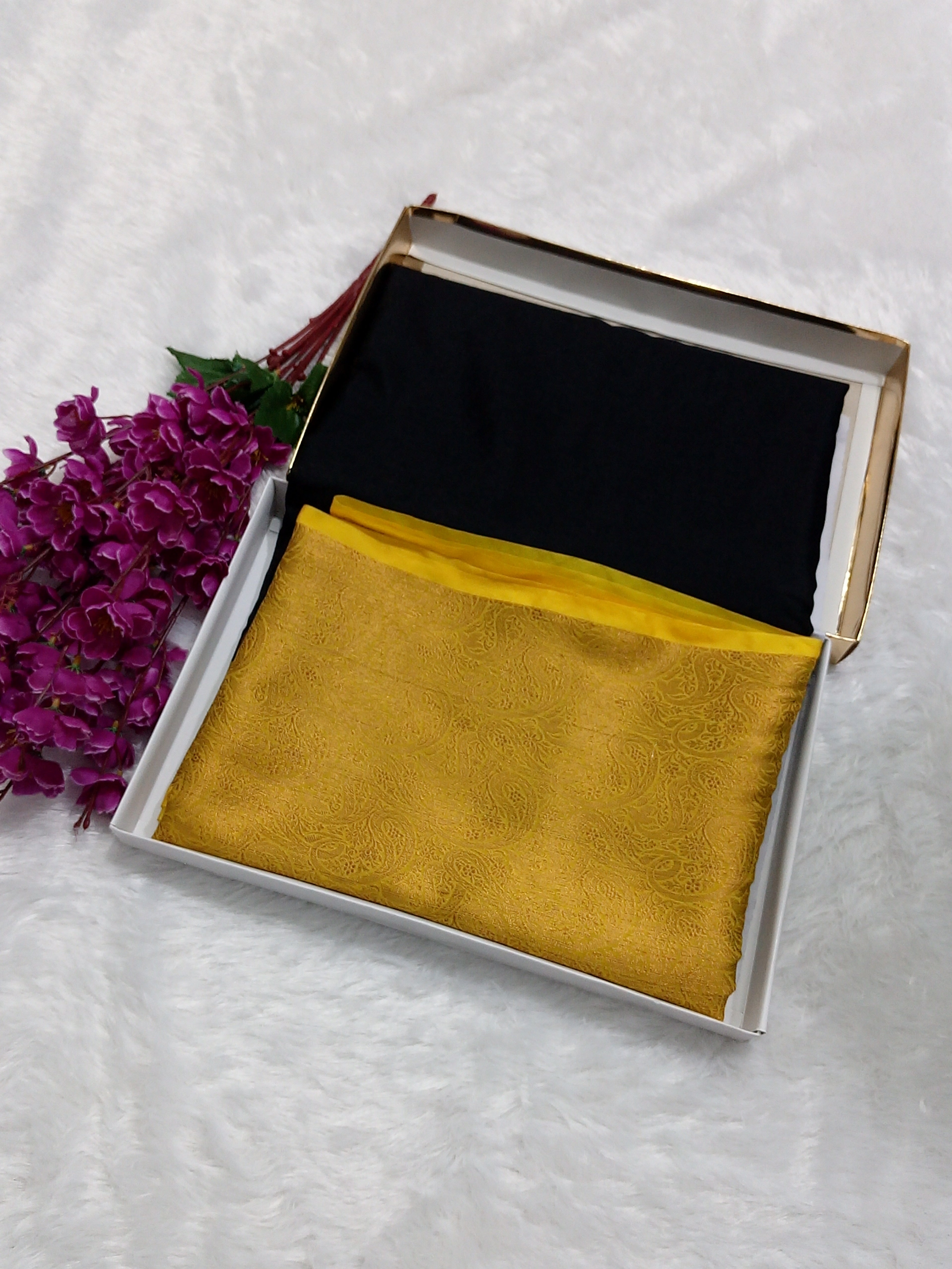 Black And Yellow Colour Plain Body Warm Silk Saree