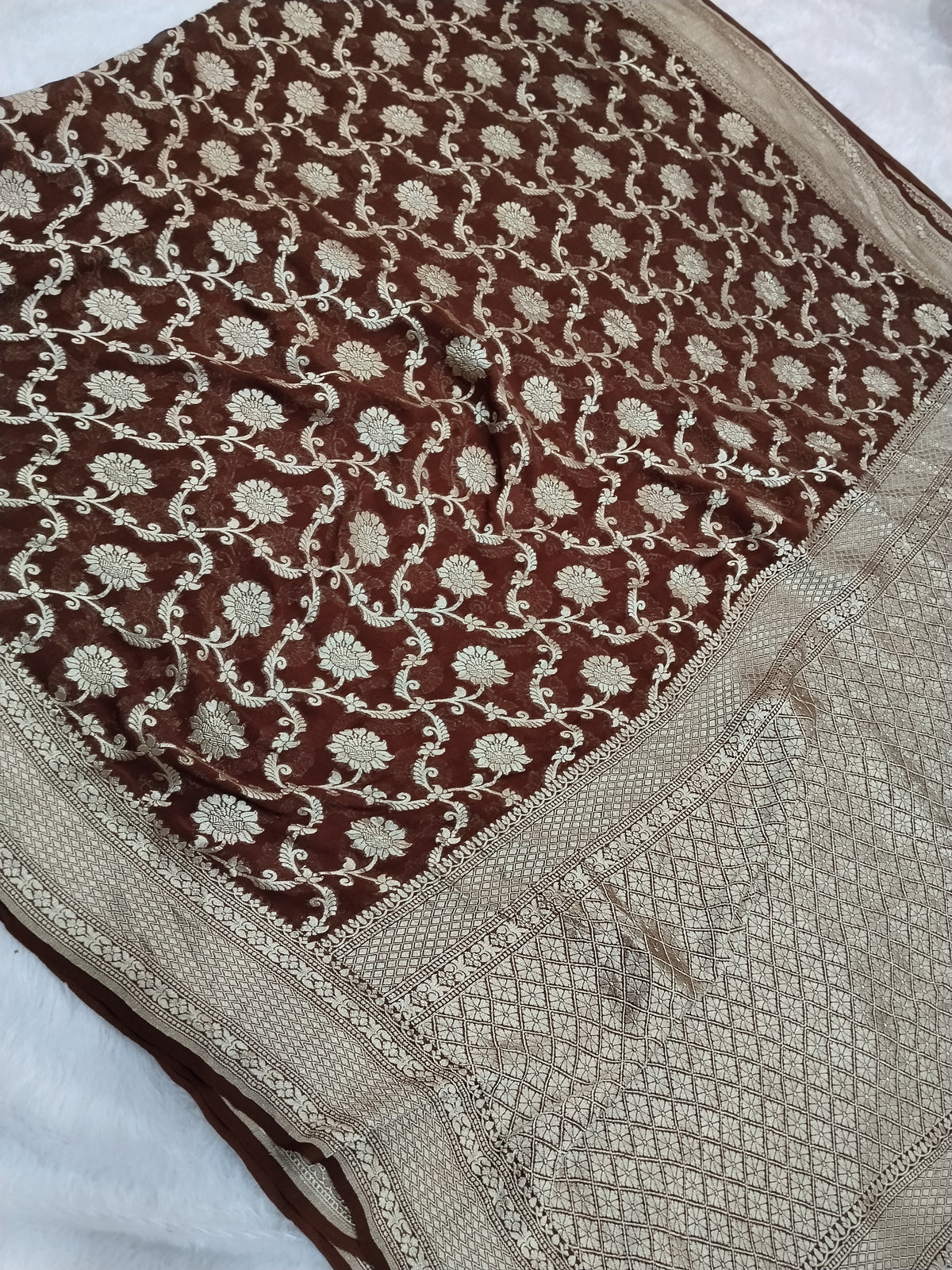 Coffee Brown Colour Handloom Pure Banarasi Khaddi Georgette Saree Water Zari