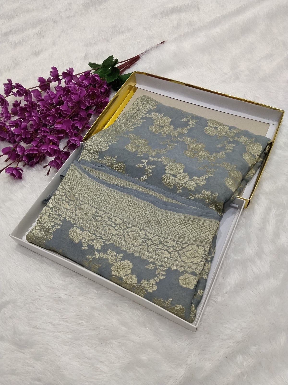 Grey Colour Handloom Pure Banarasi Khaddi Georgette Saree Water Zari