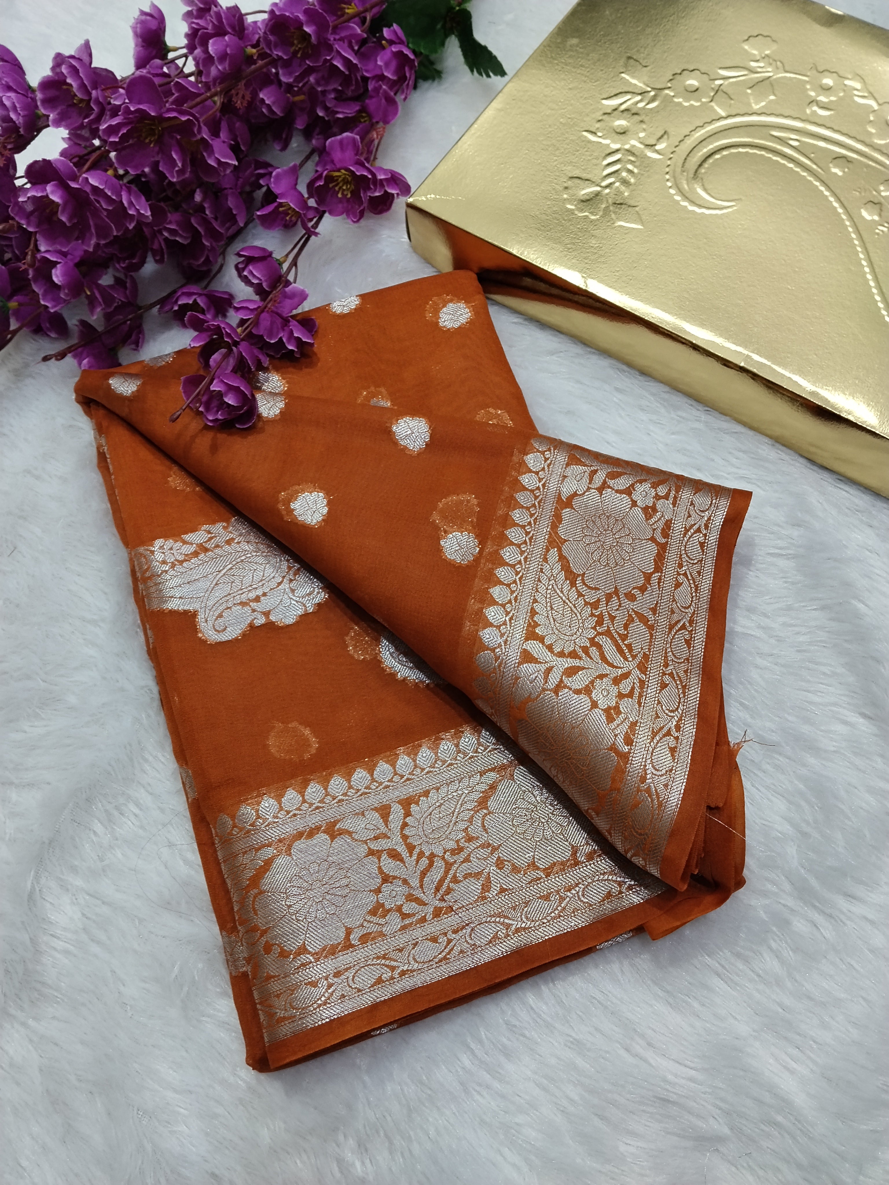 Yellow Mustard Colour Silver Zari Khaddi Georgette Saree