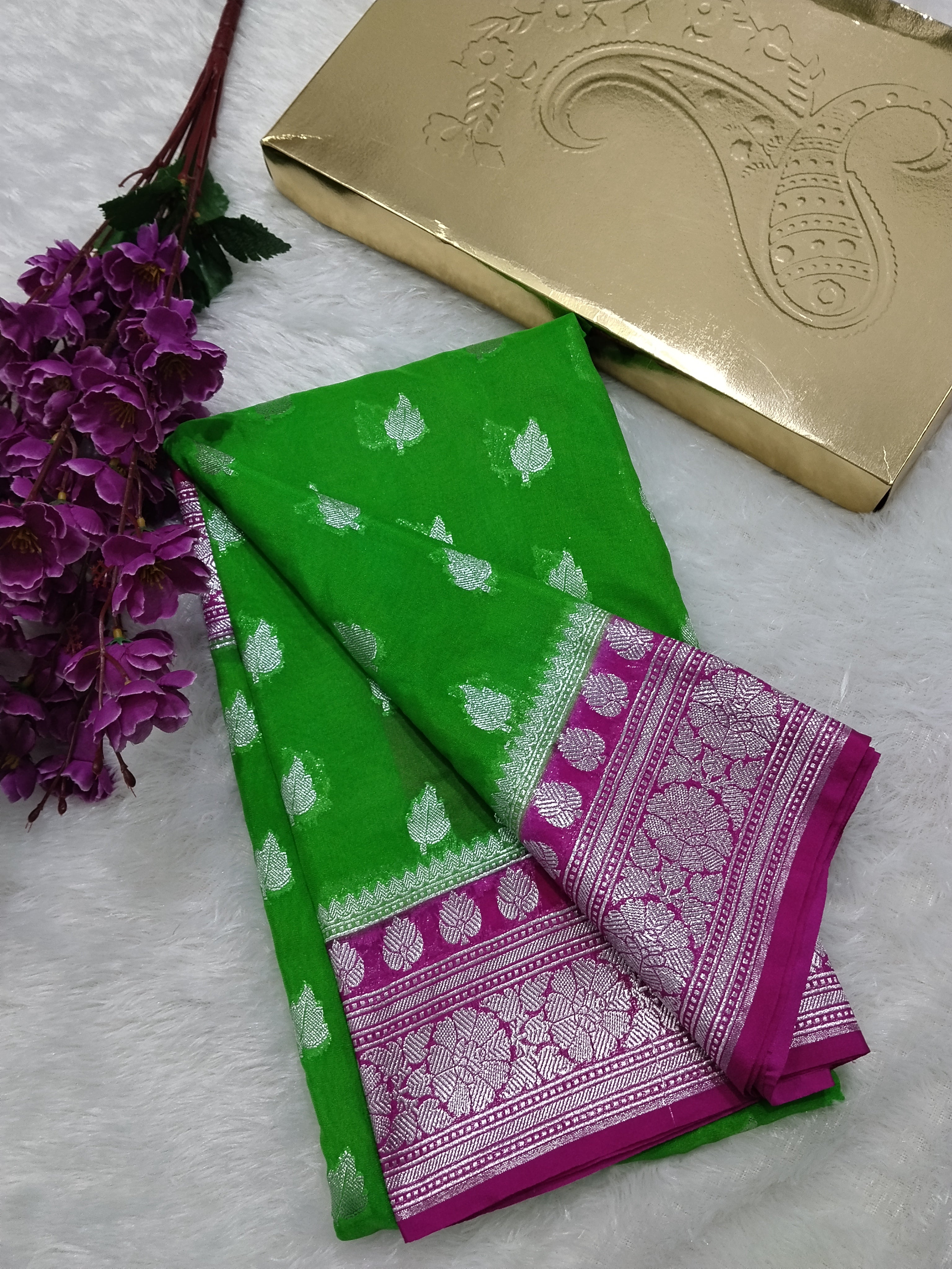Parrot Green And Pink Colour Zari Buti Khaddi Georgette Saree
