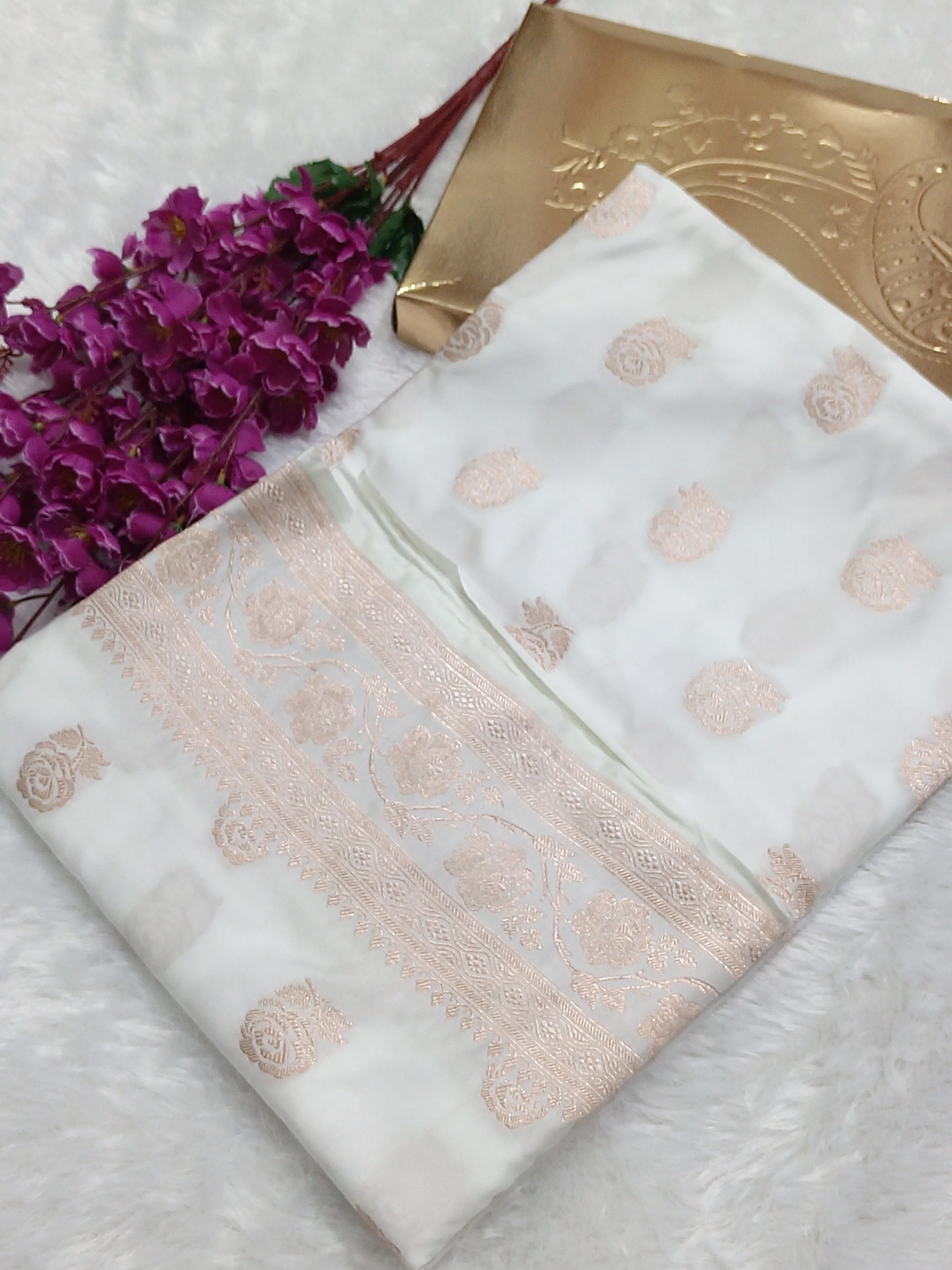 Rose Buta Mashru Silk Saree Pure White