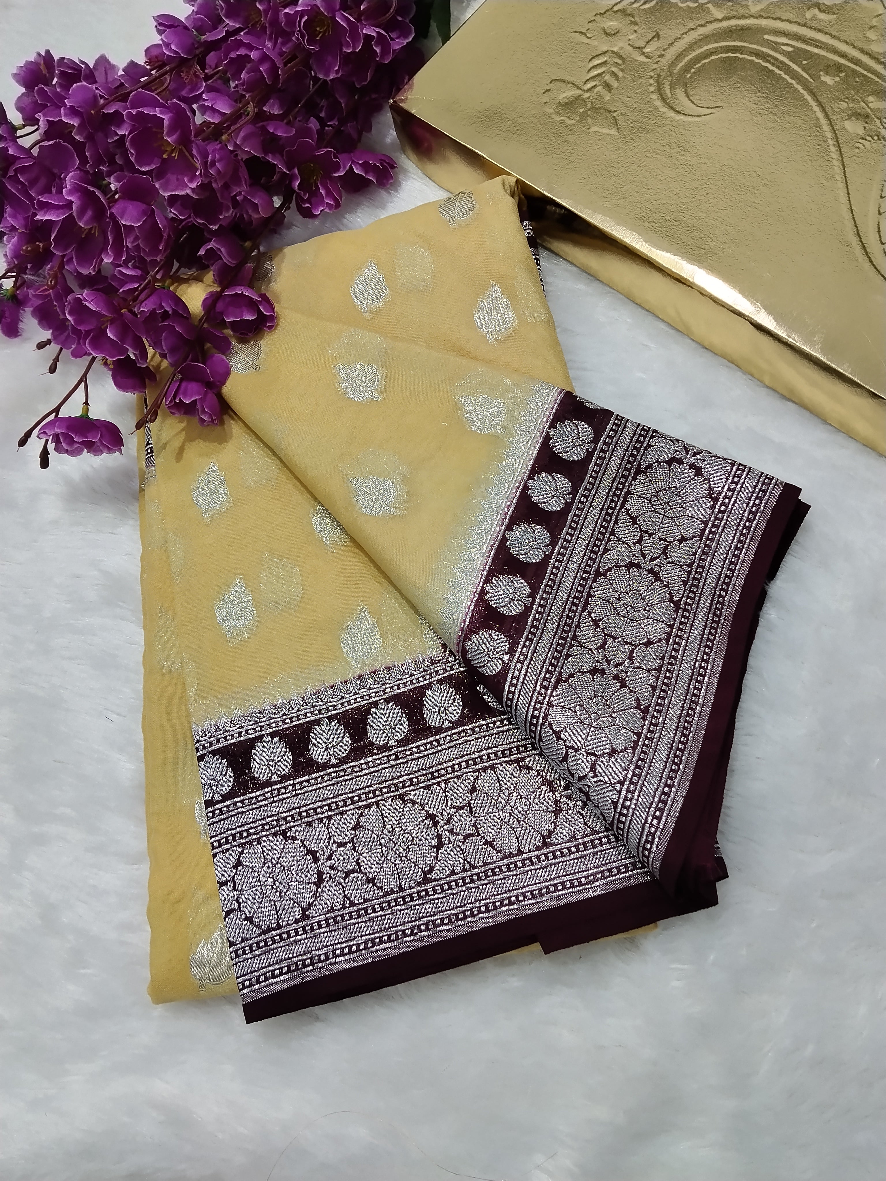 Light Lemon And Dark Brown Colour Banarasi Khaddi Georgette Saree