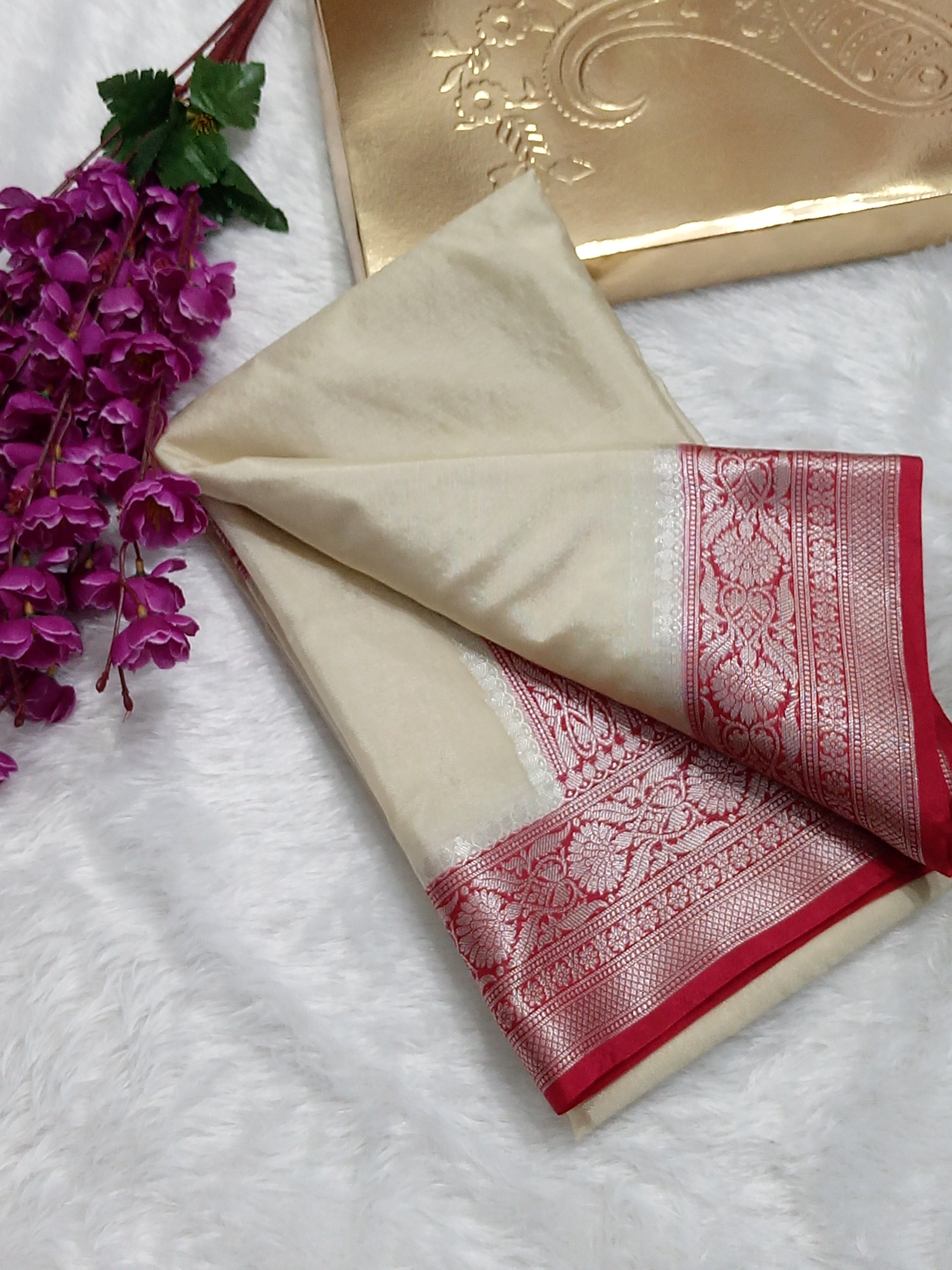 Cream And Red Colour Plain Body Warm Silk Saree