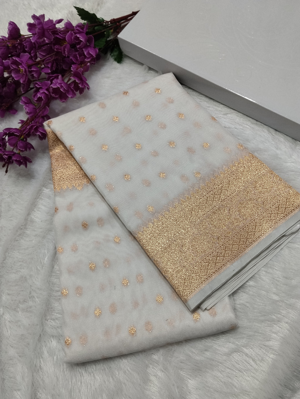 Cream Colour Banarasi Khaddi Georgette Saree