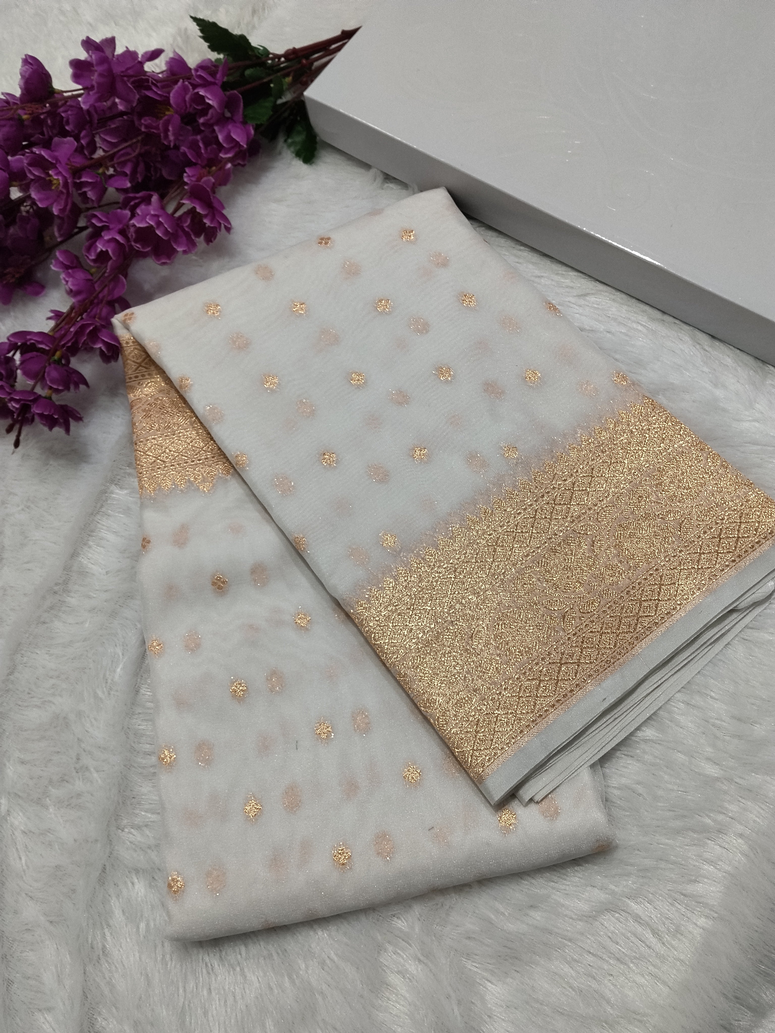 Cream Colour Banarasi Khaddi Georgette Saree