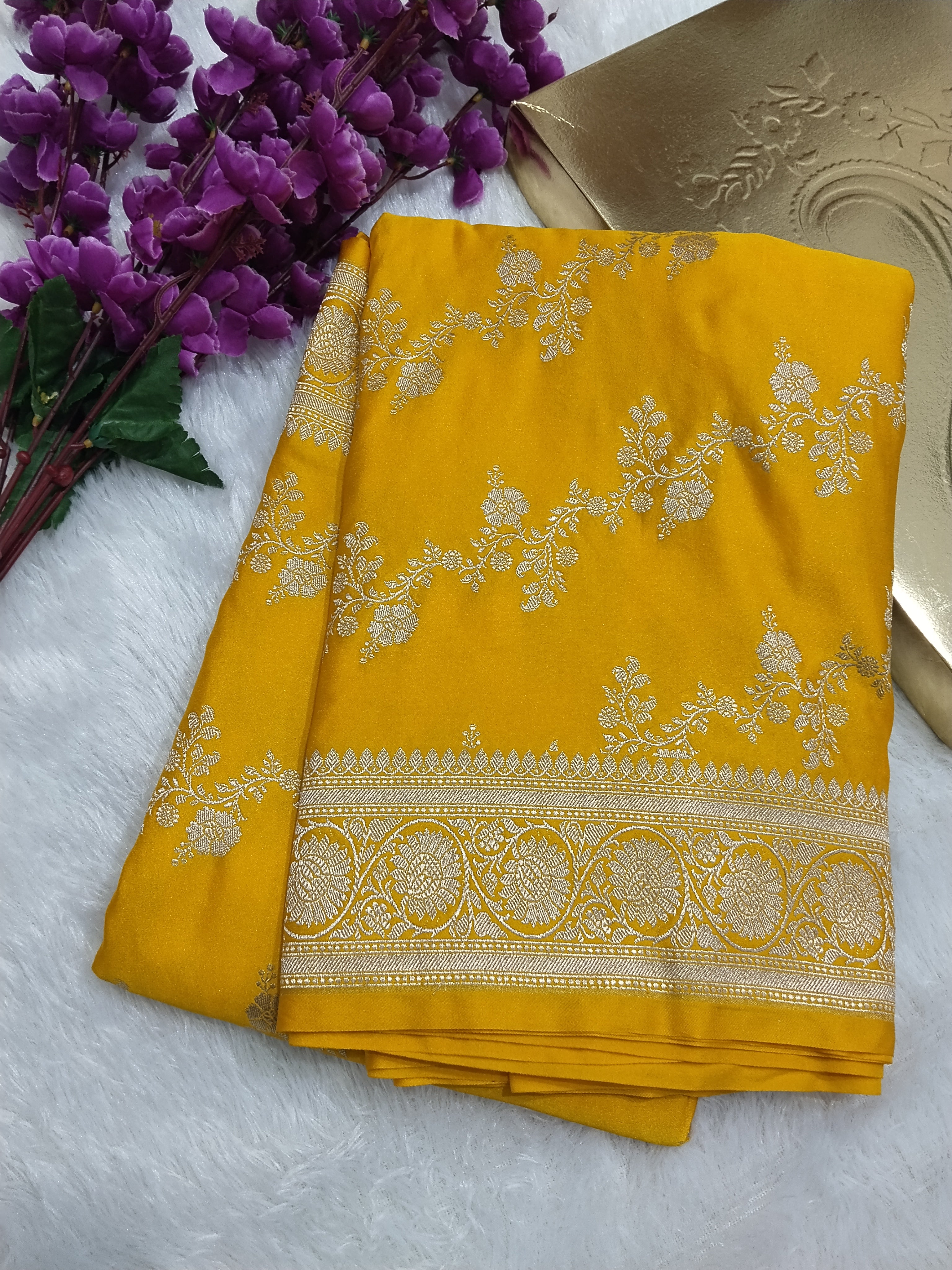 Elegant Design Yellow Colour Banarasi Mashru Silk Saree
