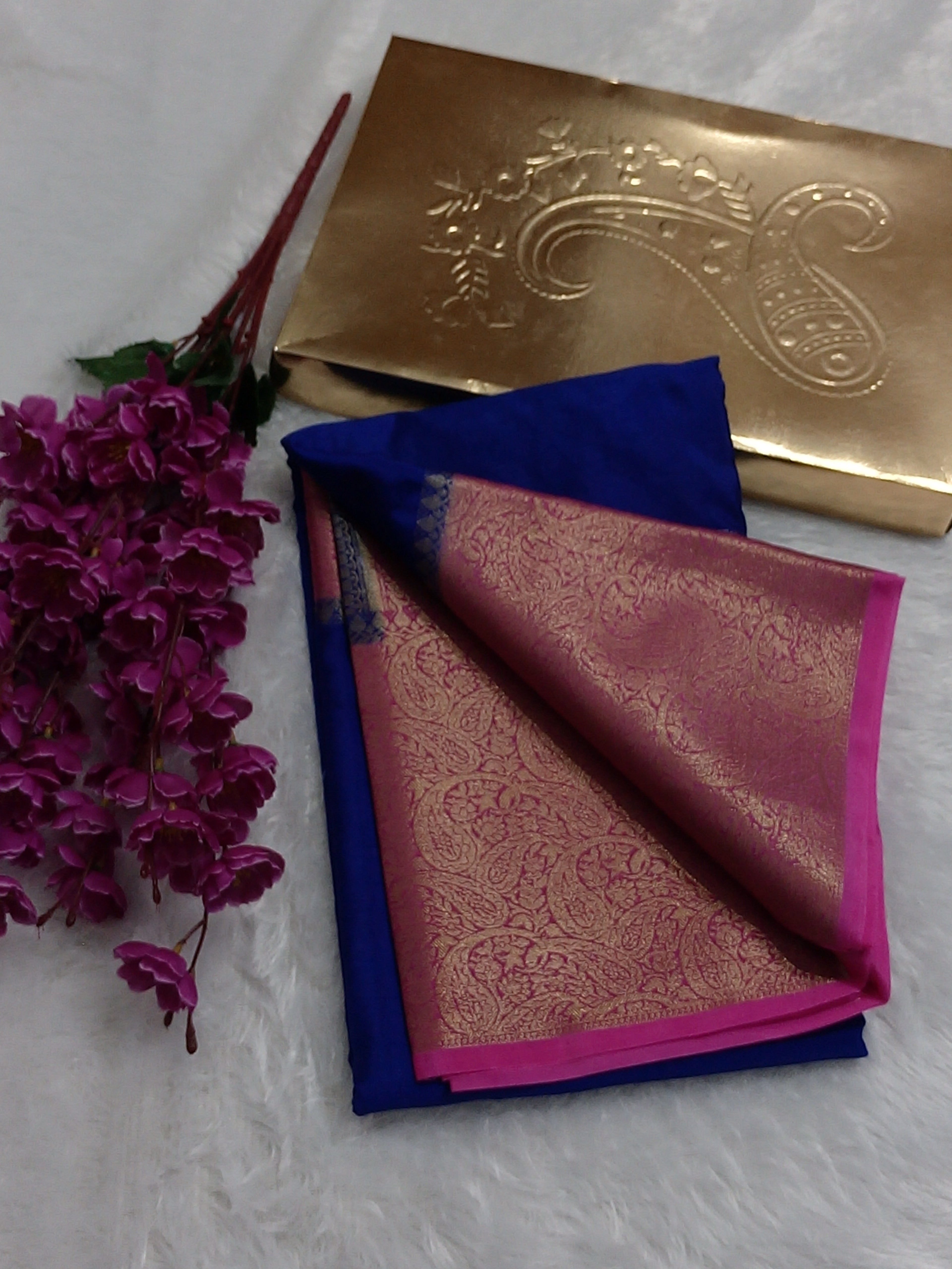Blue And Rani Colour Plain Body Warm Silk Saree