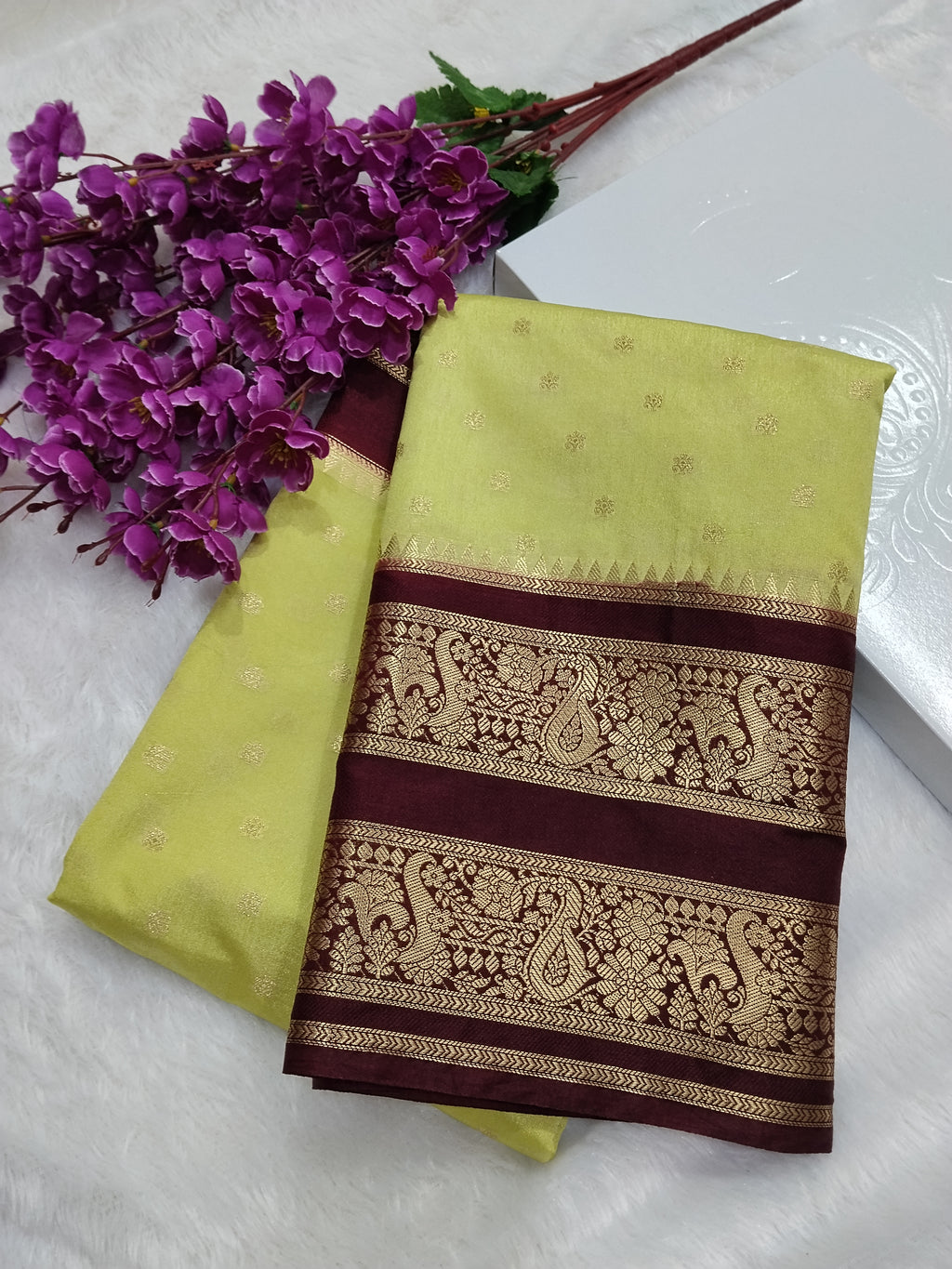 Pista Green And Brown Colour Kanjivaram Border Moonga Silk Saree With Buti Work