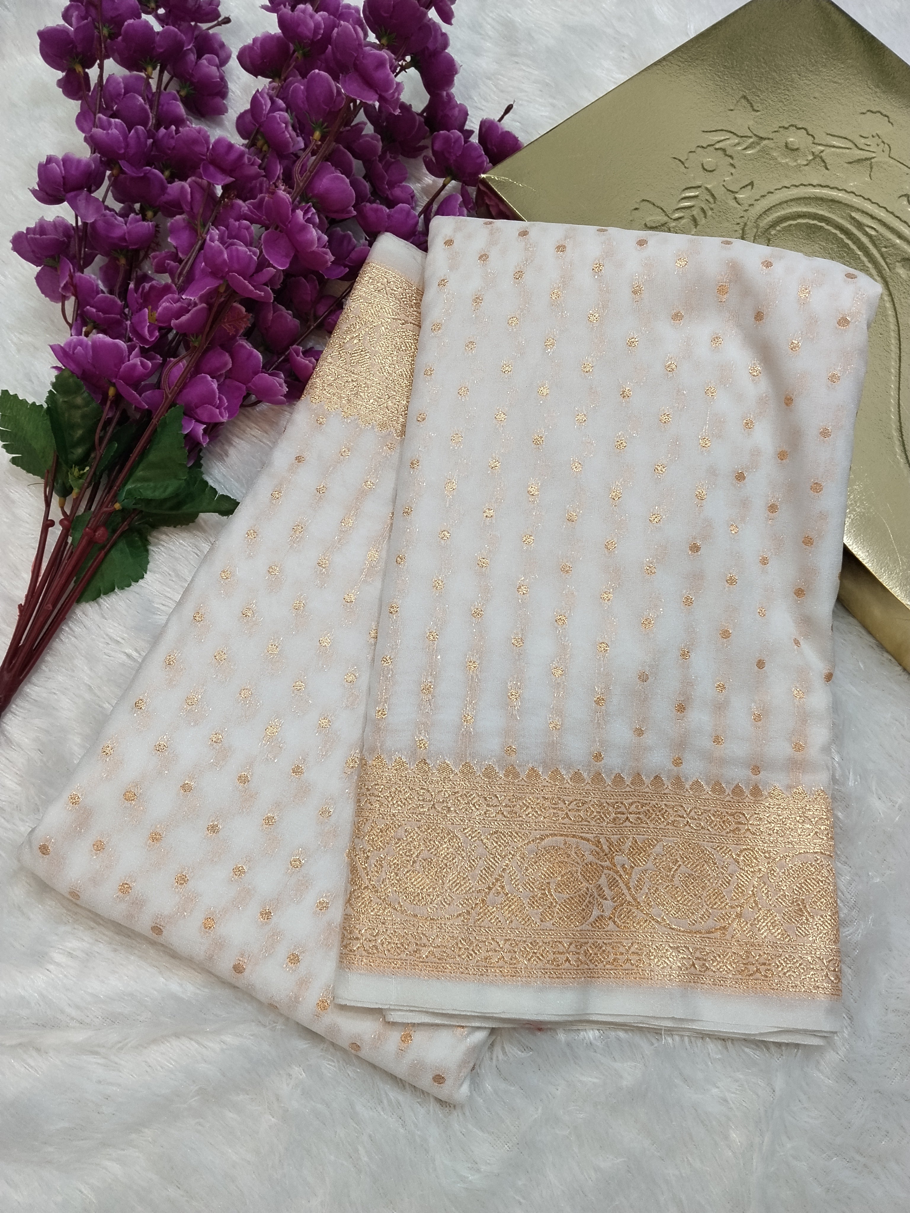 White Colour Banarasi Khaddi Georgette Saree