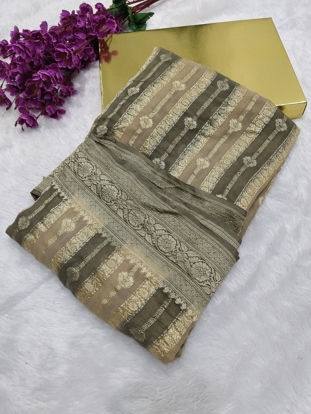 Hand Painted Colour Handloom Pure Banarasi Khaddi Georgette Saree Water Zari