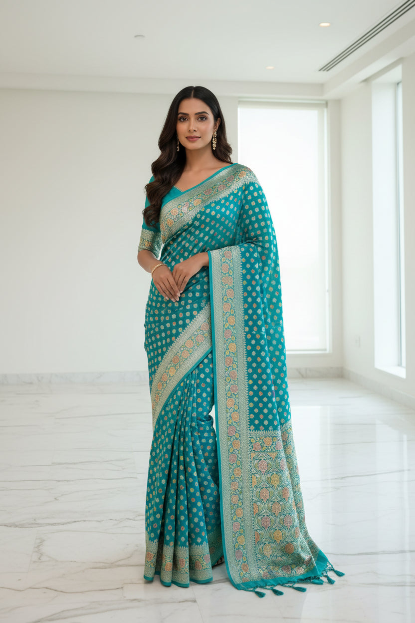 Rama Green Colour Hand Brush Meenakari Work Khaddi Georgette Saree