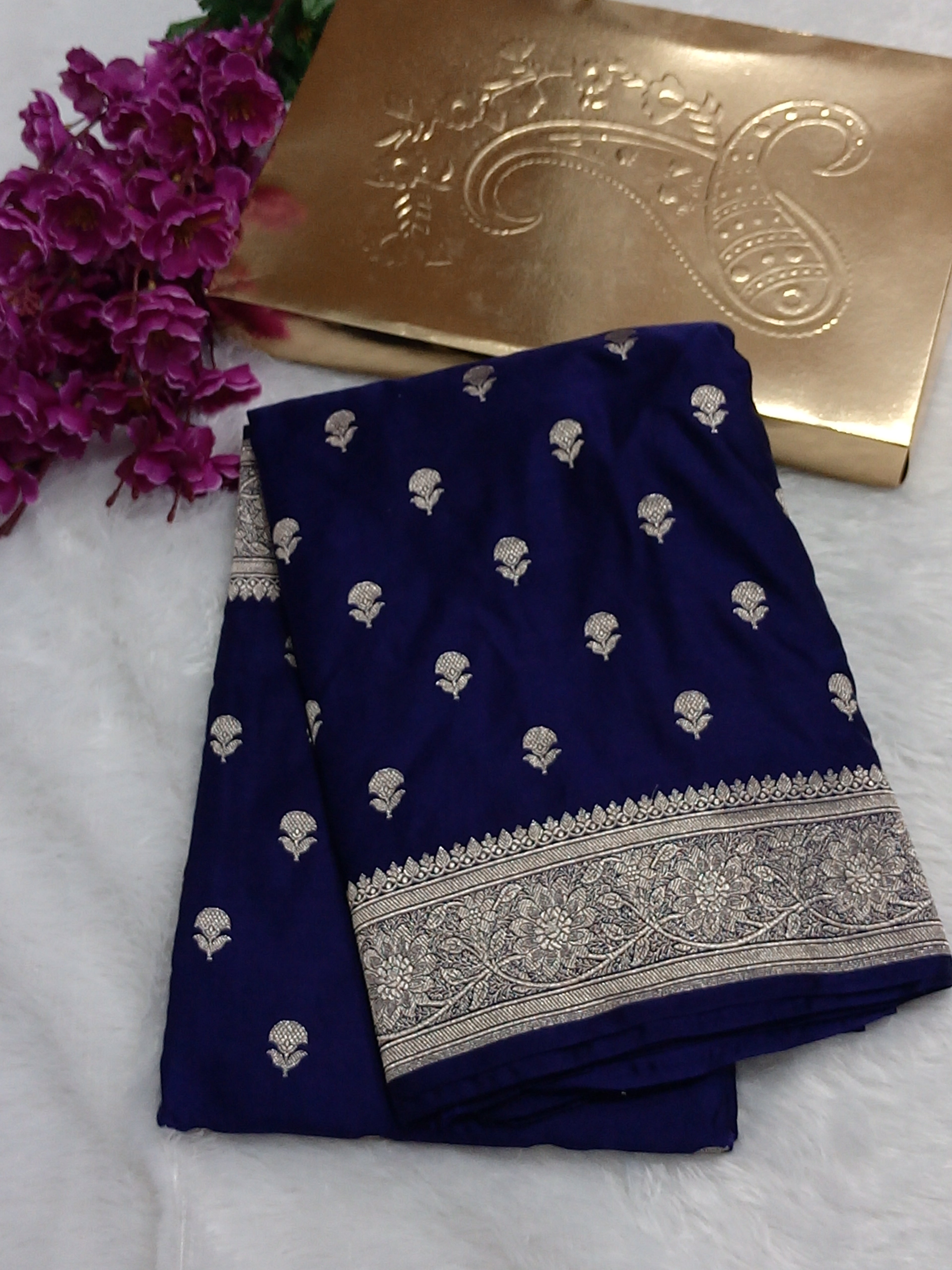 Navy Blue Color Banarasi Mashru Silk Saree