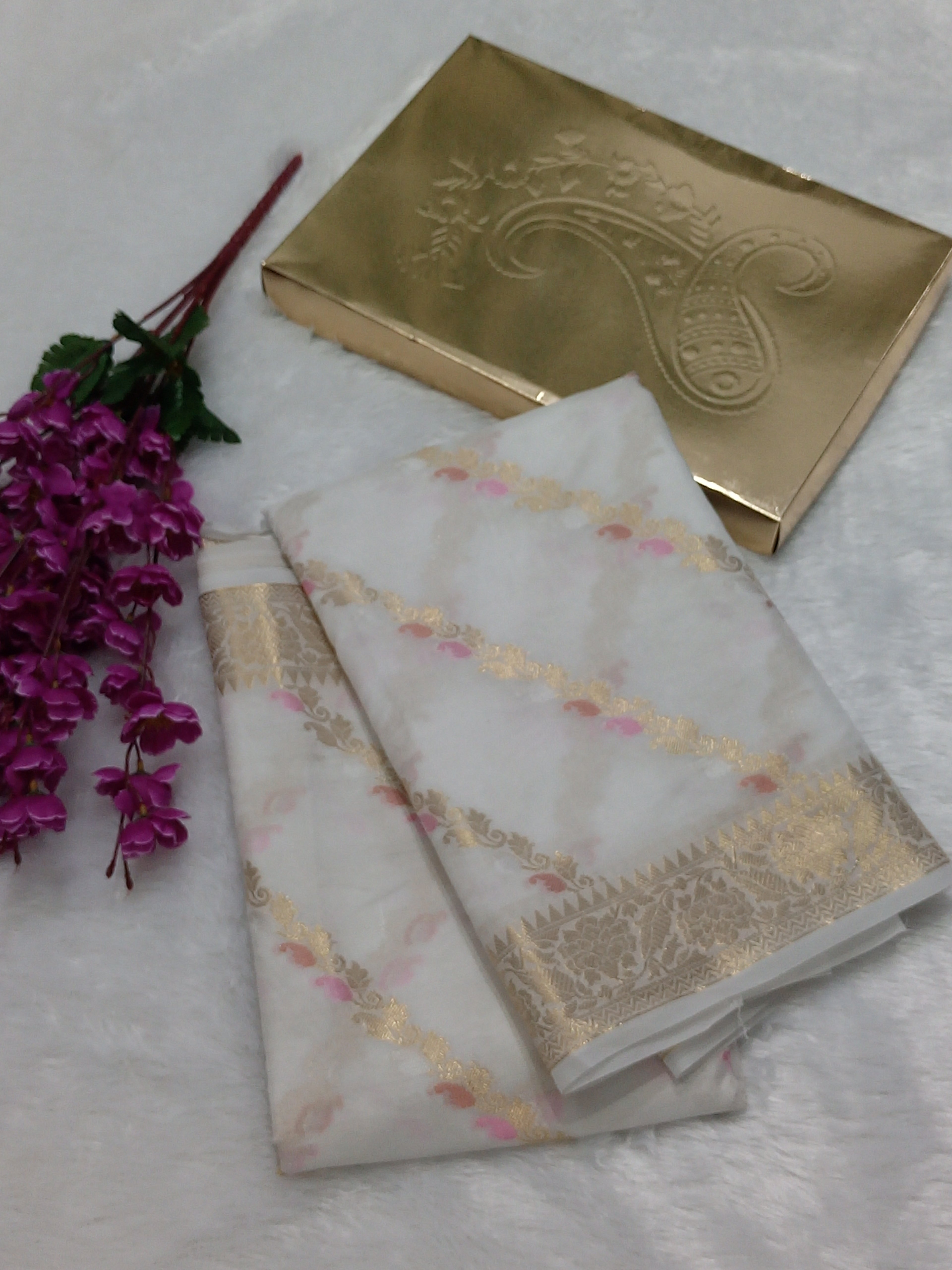 Full White Colour Golden Zari Body Warm Silk Saree