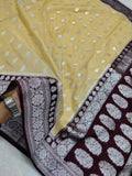 Light Lemon And Dark Brown Colour Banarasi Khaddi Georgette Saree