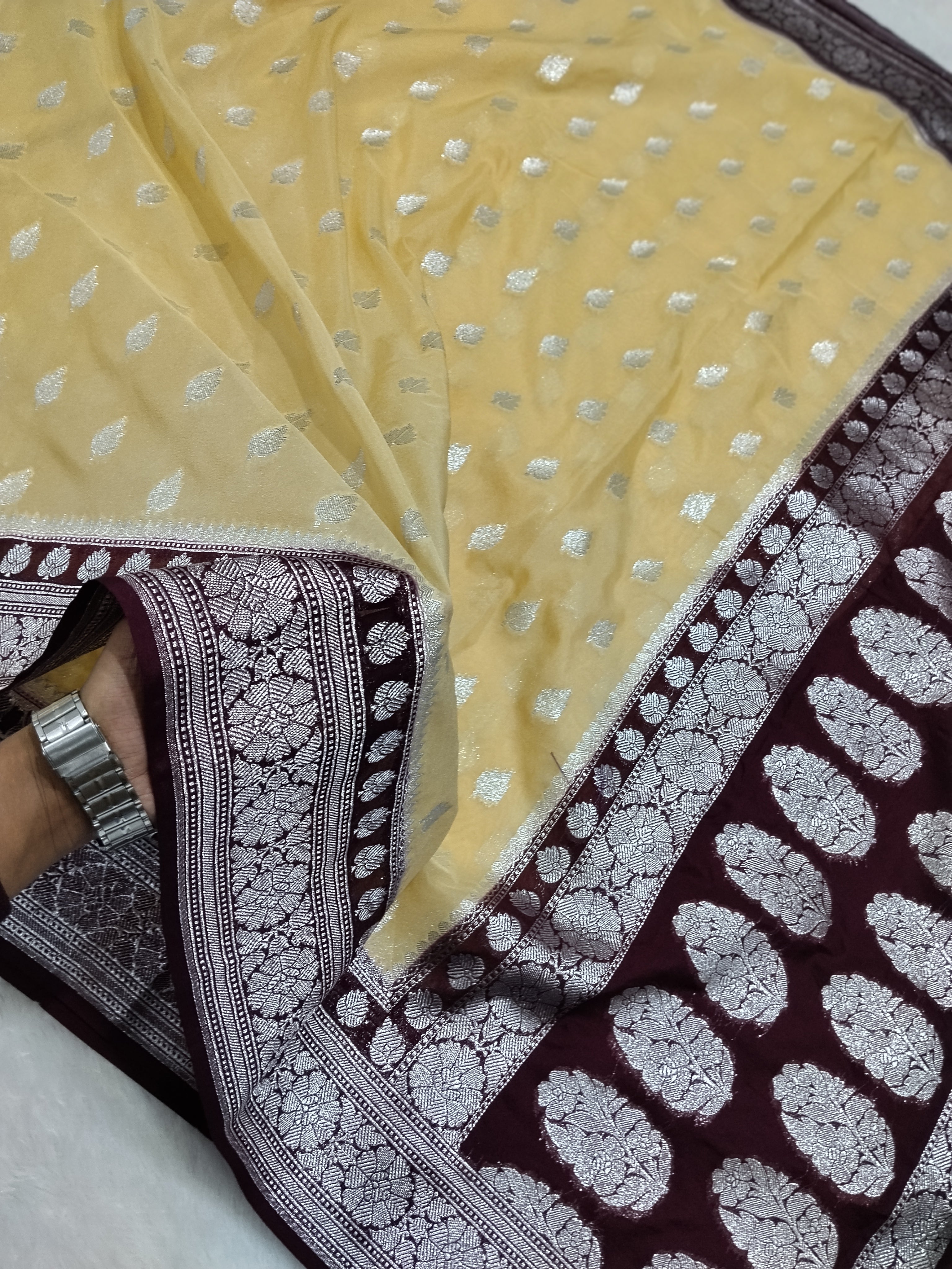 Light Lemon And Dark Brown Colour Banarasi Khaddi Georgette Saree