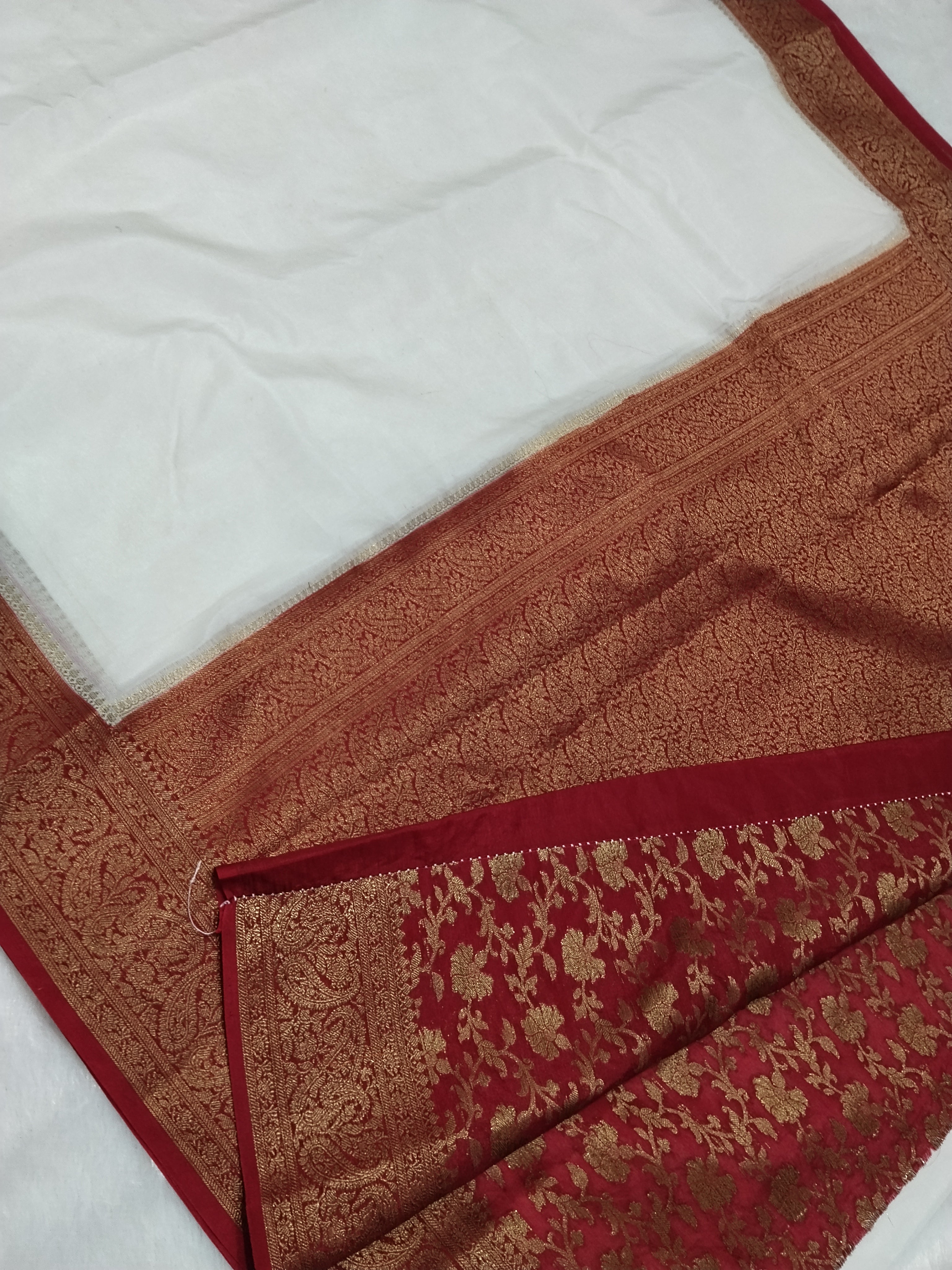 Maroon And White Pooja Special Banarasi Soft Silk Saree