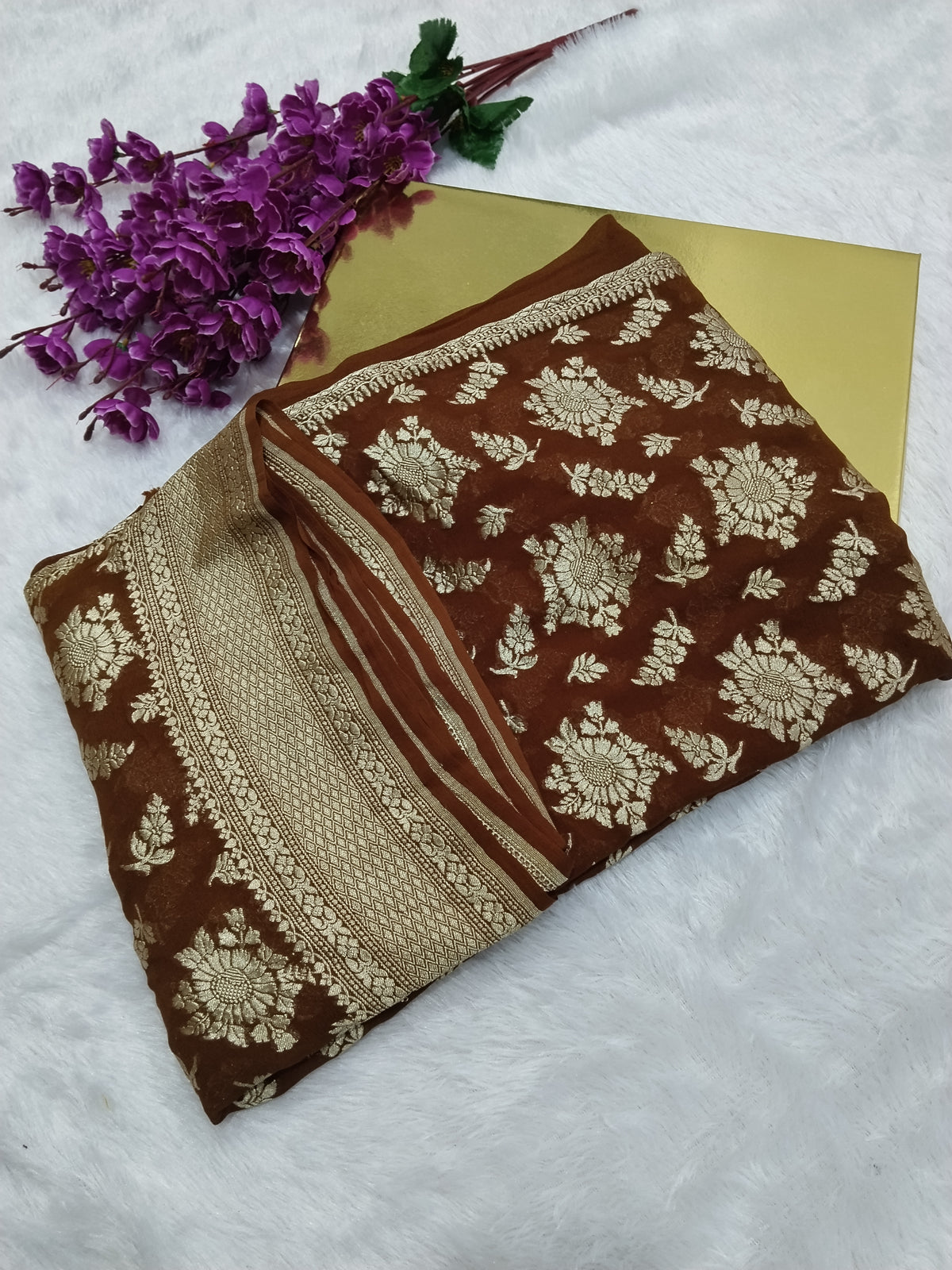Dark Brown Colour Handloom Pure Banarasi Khaddi Georgette Saree Water Zari