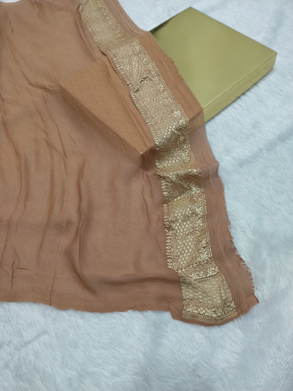 Dark Peach Colour Handloom Pure Banarasi Khaddi Georgette Saree Water Zari