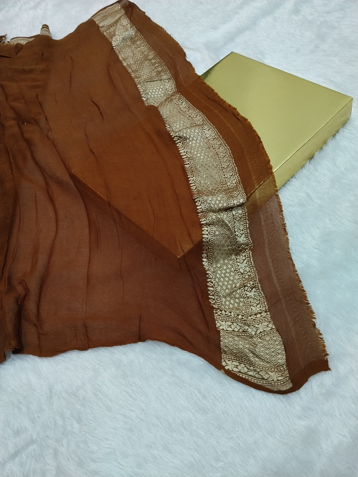 Dark Brown Colour Handloom Pure Banarasi Khaddi Georgette Saree Water Zari