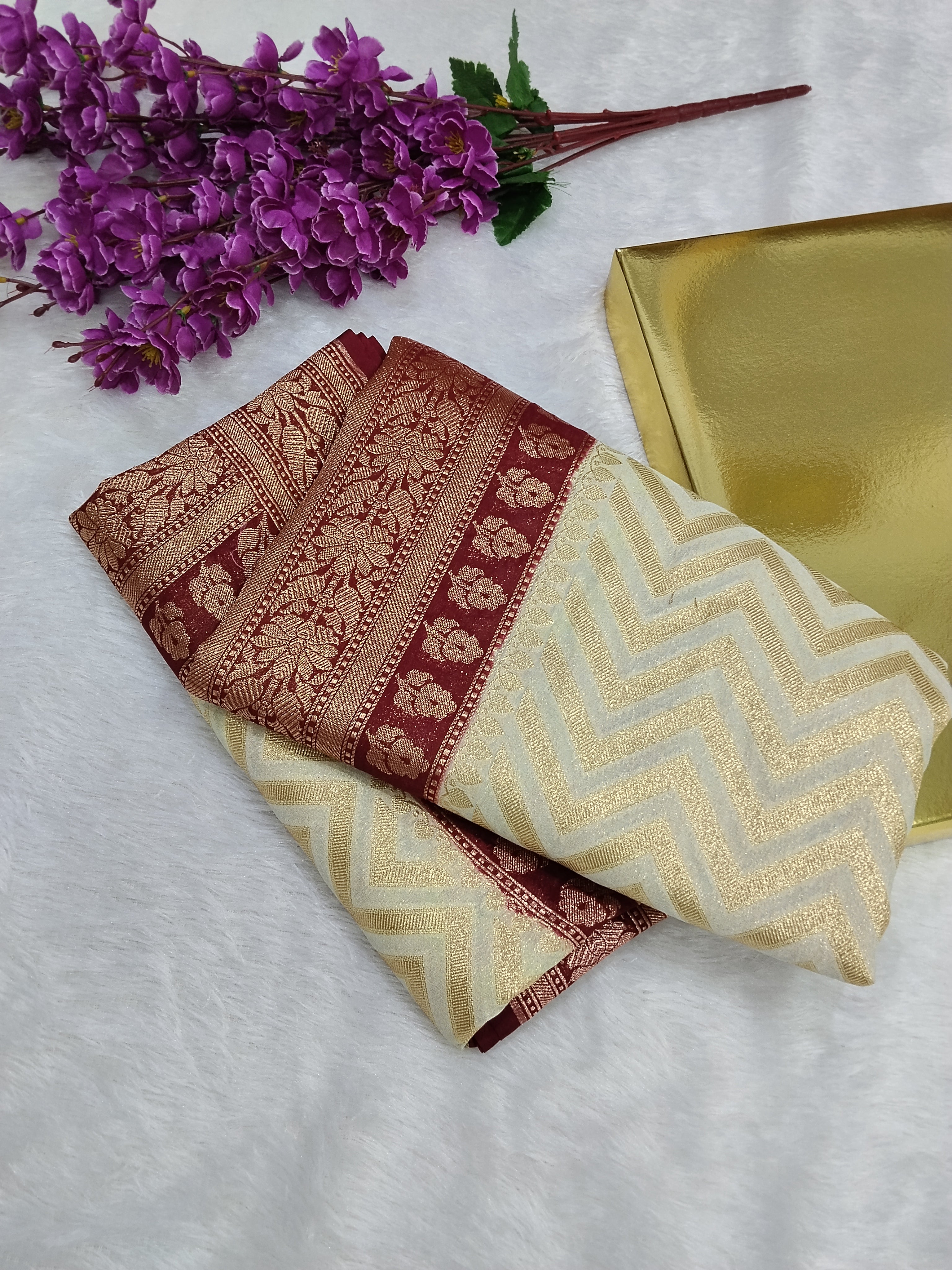 Cream And Maroon Colour Banarasi Khaddi Georgette Saree Golden Zari