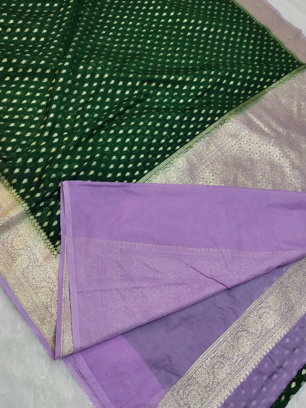 Bottle Green And Pink Zari Buti Georgette Saree