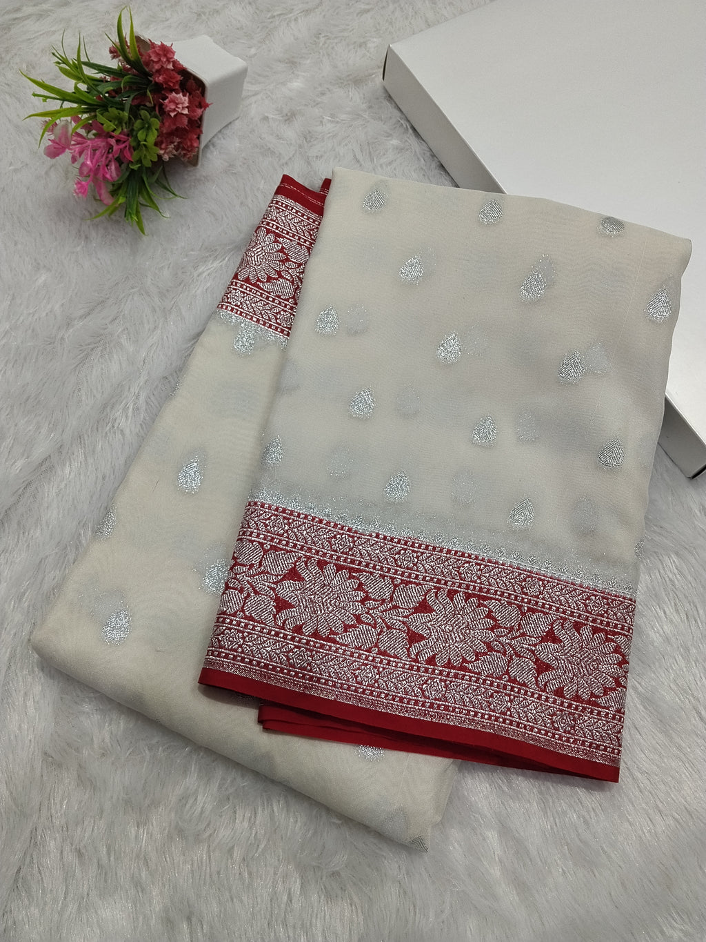 Off White And Red Colour Banarasi Khaddi Georgette Saree