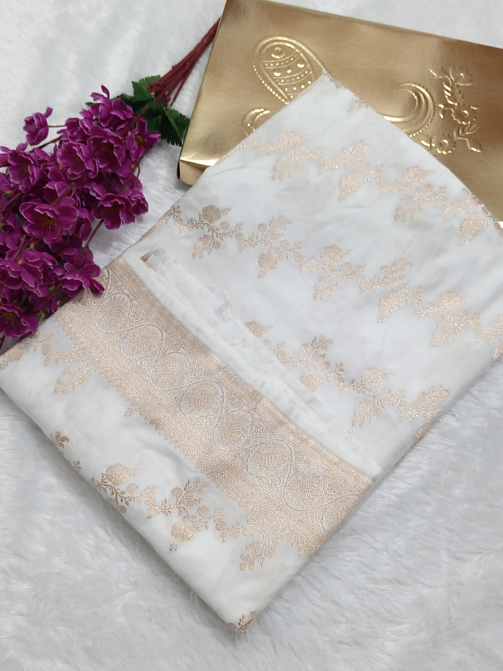 Pure White Banarasi Mashru Silk Saree