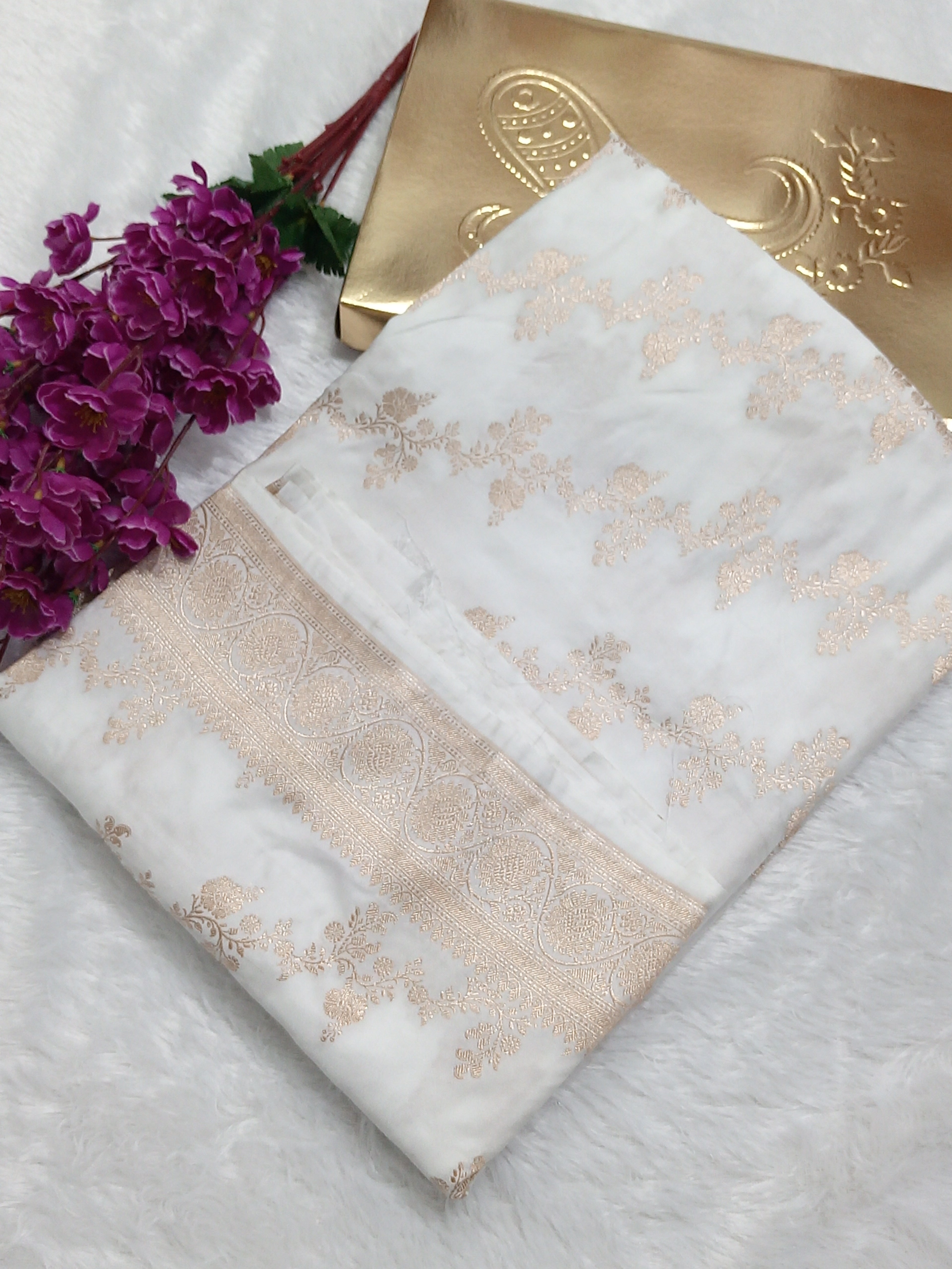 Pure White Banarasi Mashru Silk Saree