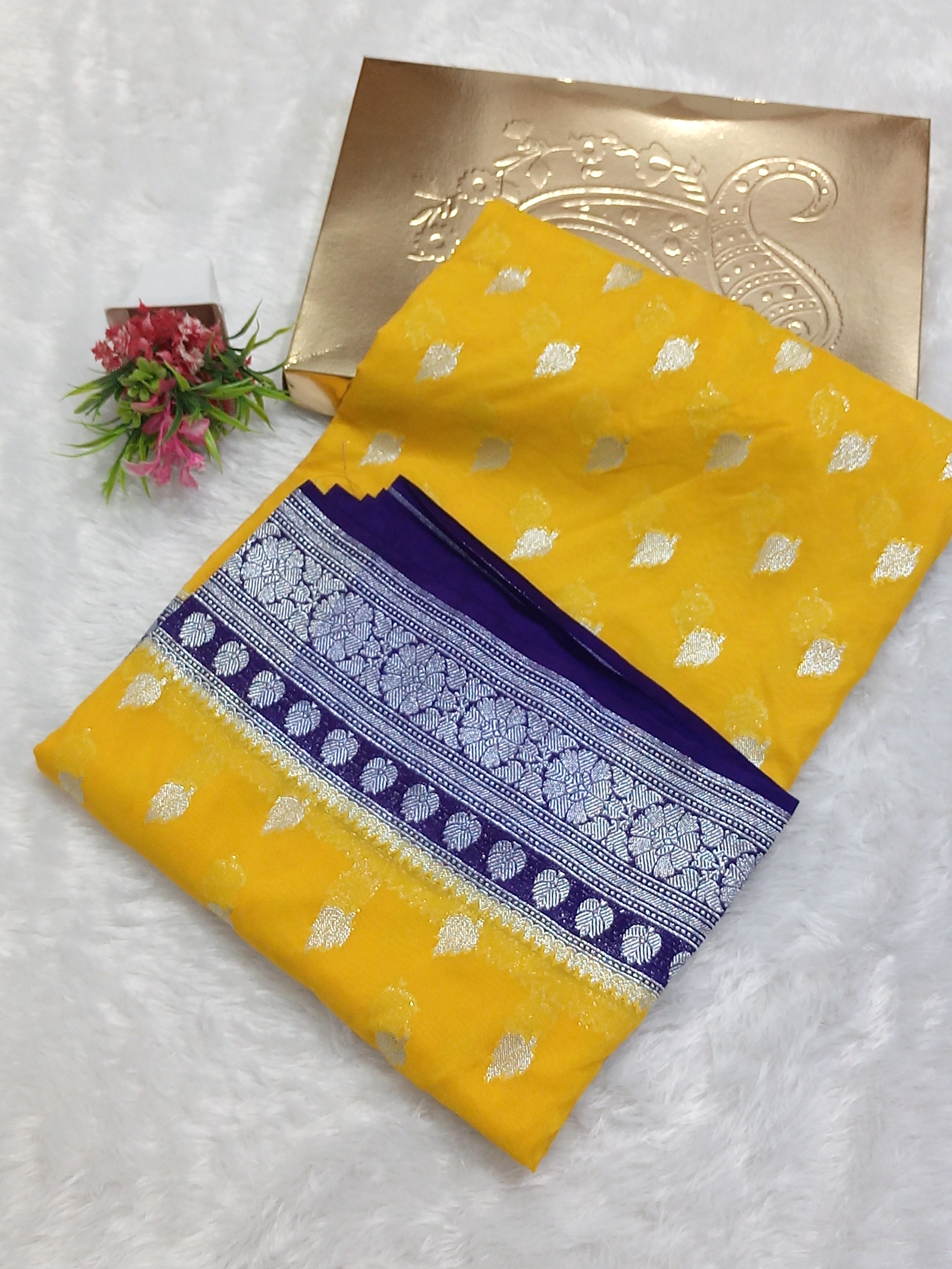 Yellow and Blue Combination Banarasi Semi Georgette Saree