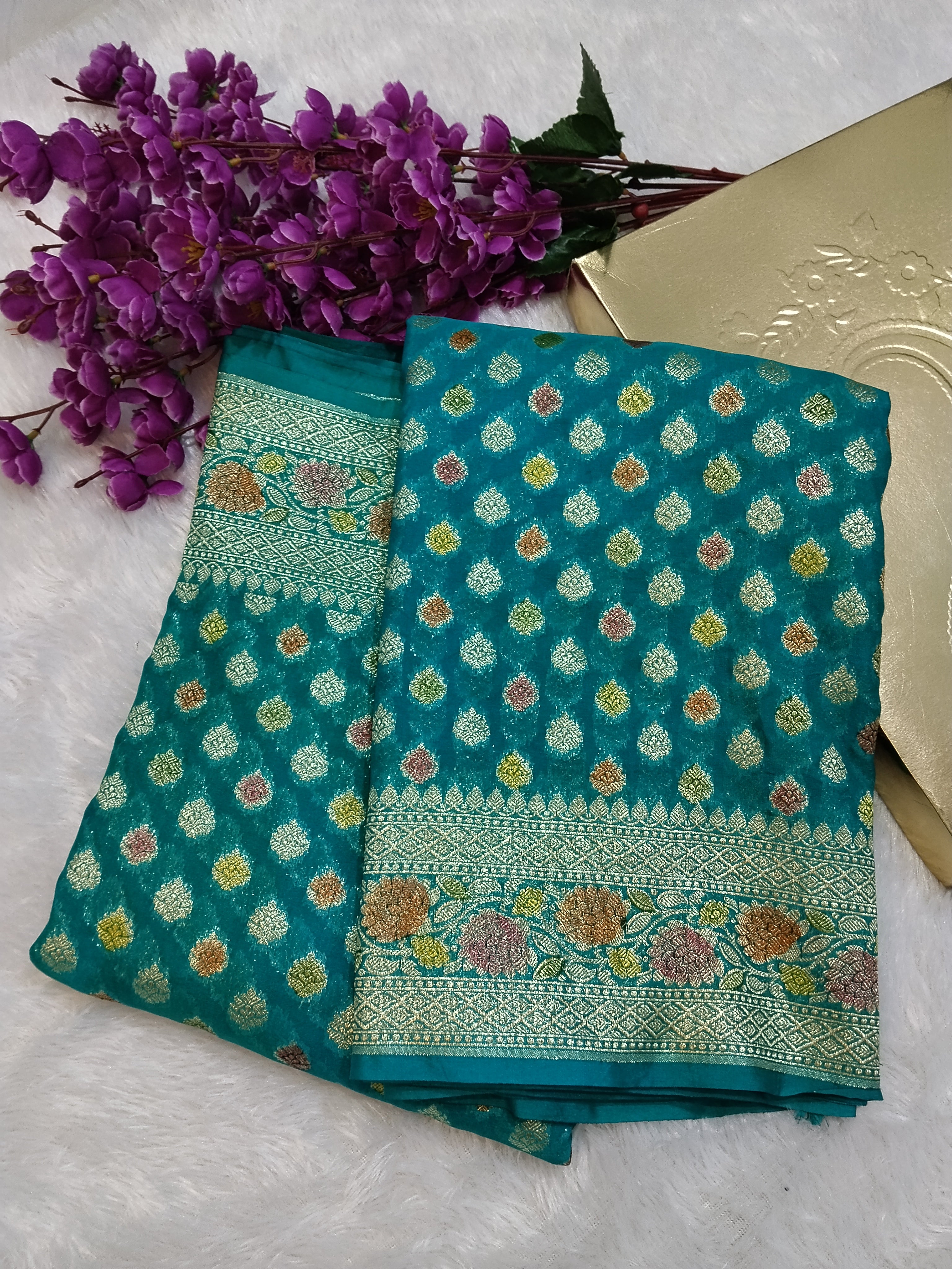 Rama Green Colour Hand Brush Meenakari Work Khaddi Georgette Saree