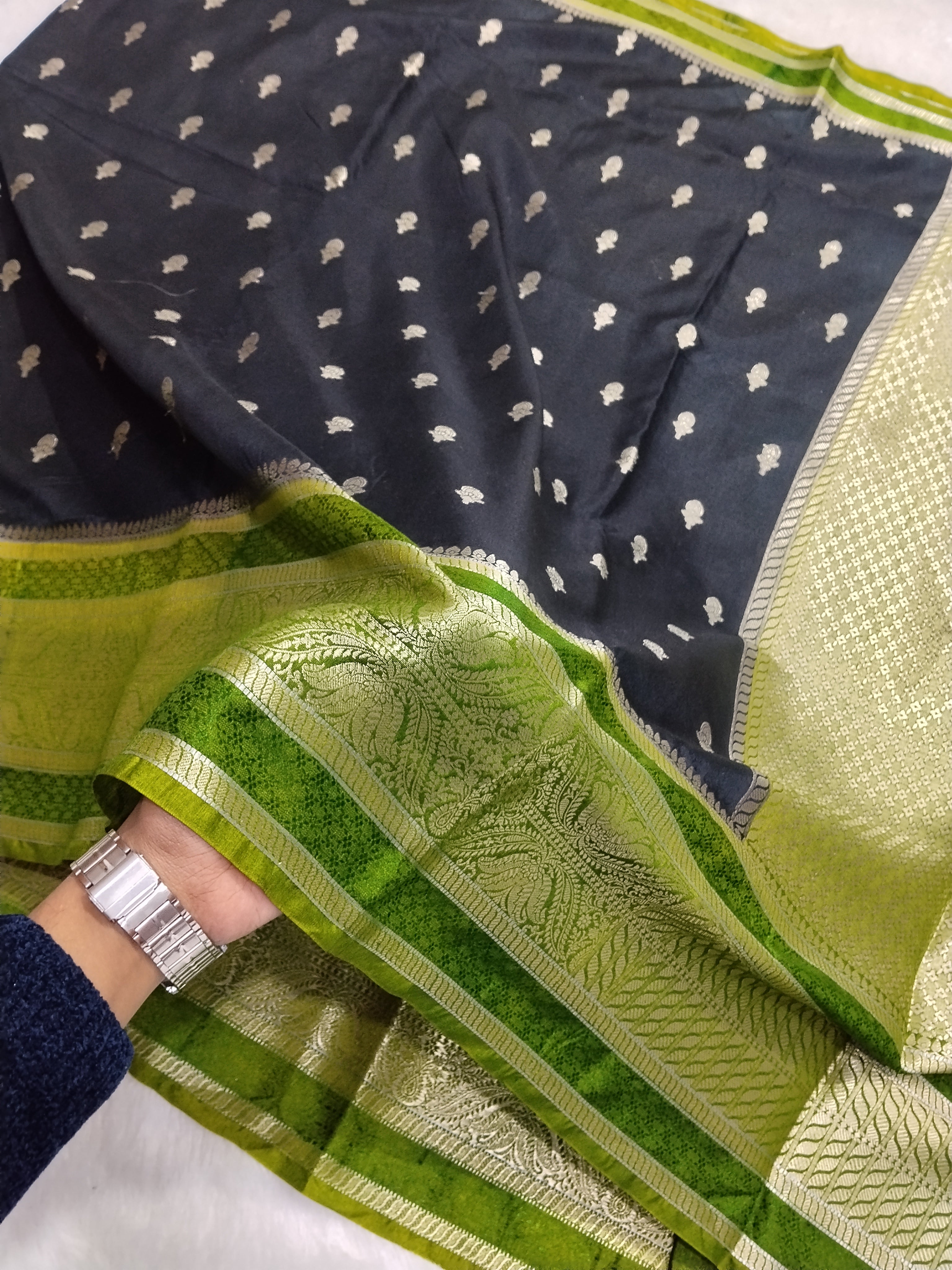 Green And Black Banarasi Moonga Silk Saree
