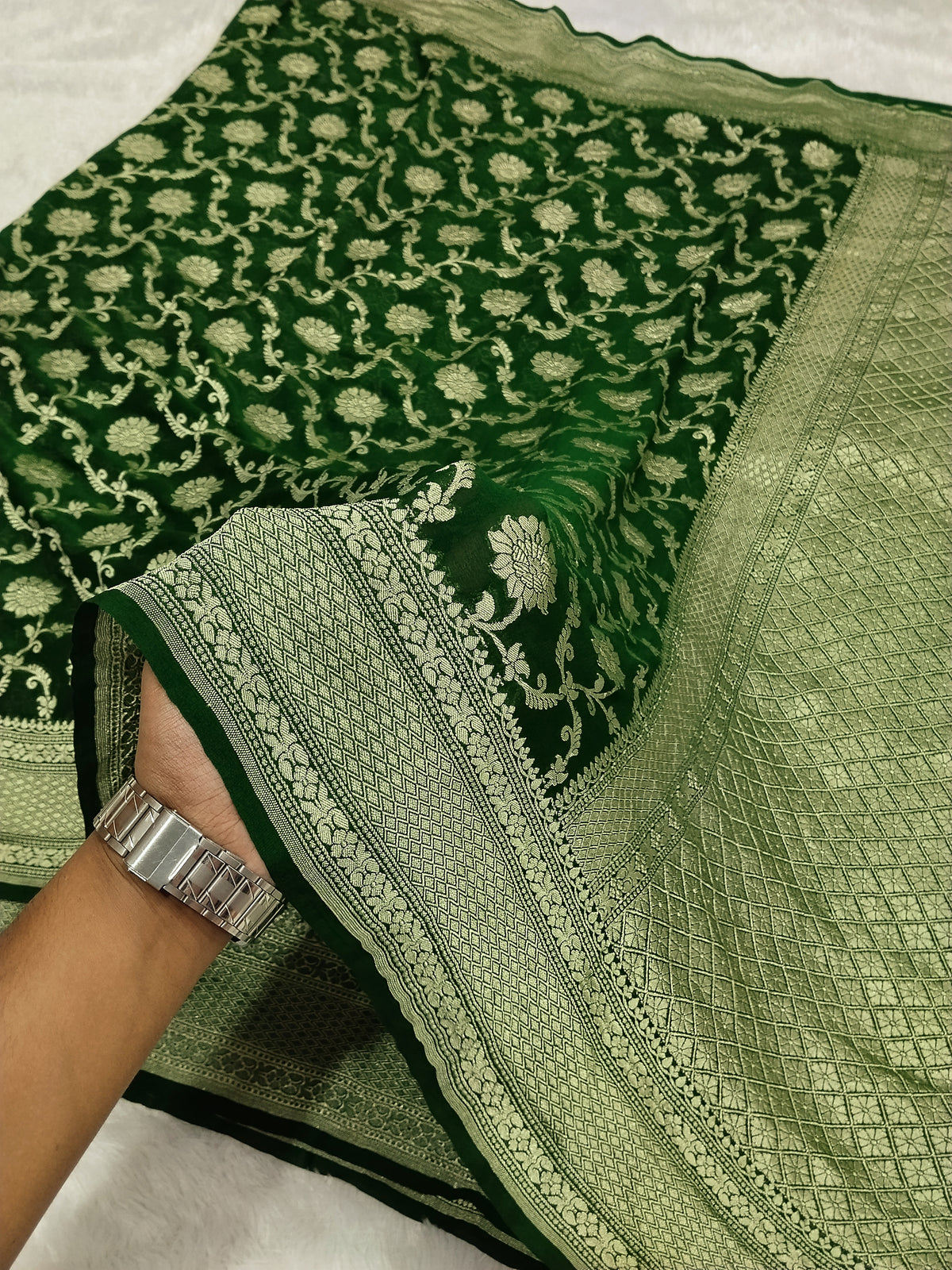 Bottle Green Colour Handloom Pure Banarasi Khaddi Georgette Saree Water Zari
