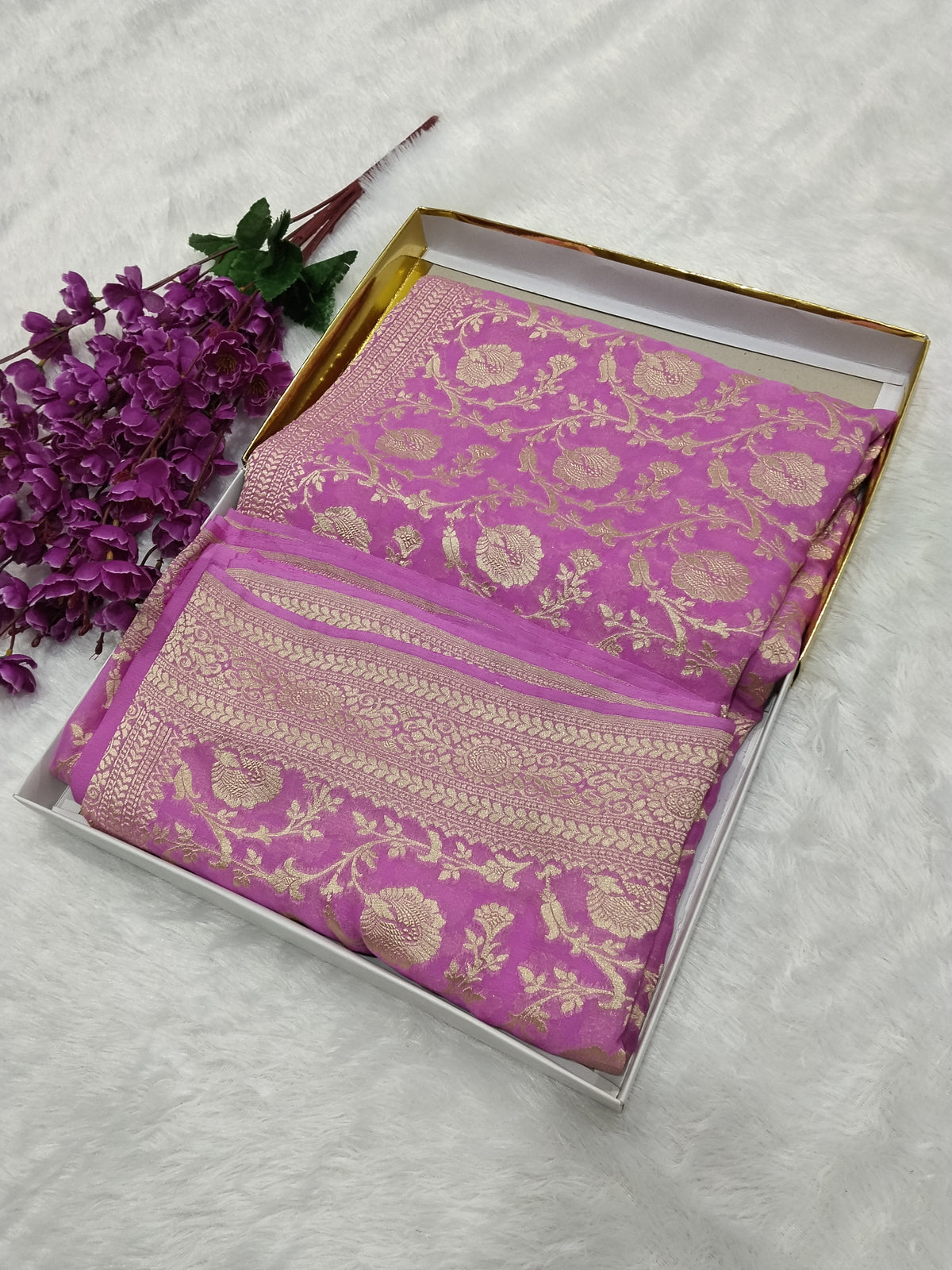 Pink Colour Handloom Pure Banarasi Khaddi Georgette Saree Water Zari