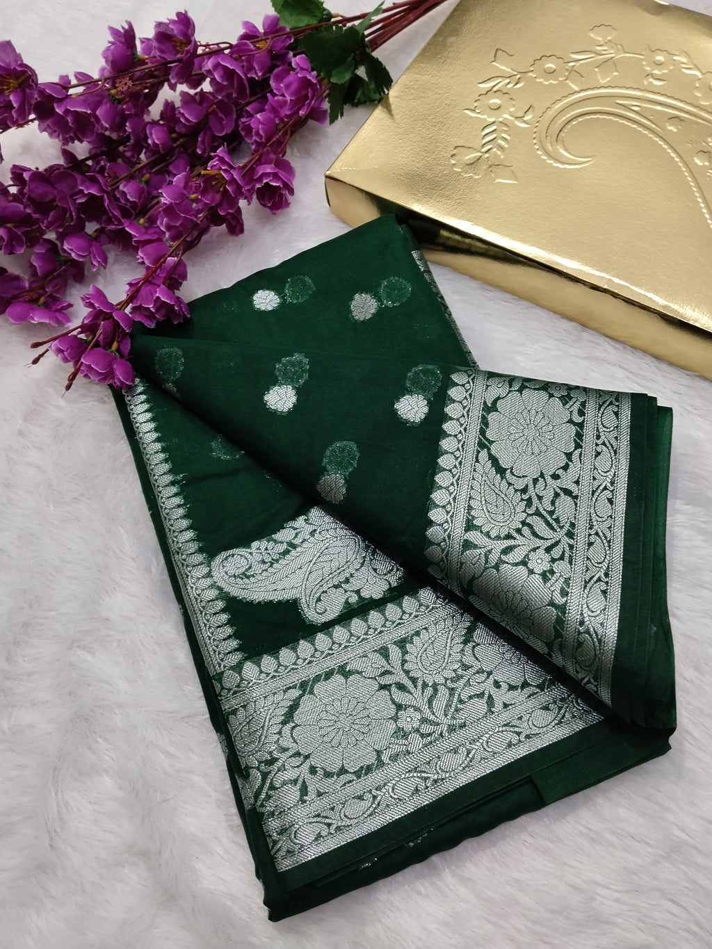 Bottle Green Colour Silver Zari Khaddi Georgette Saree