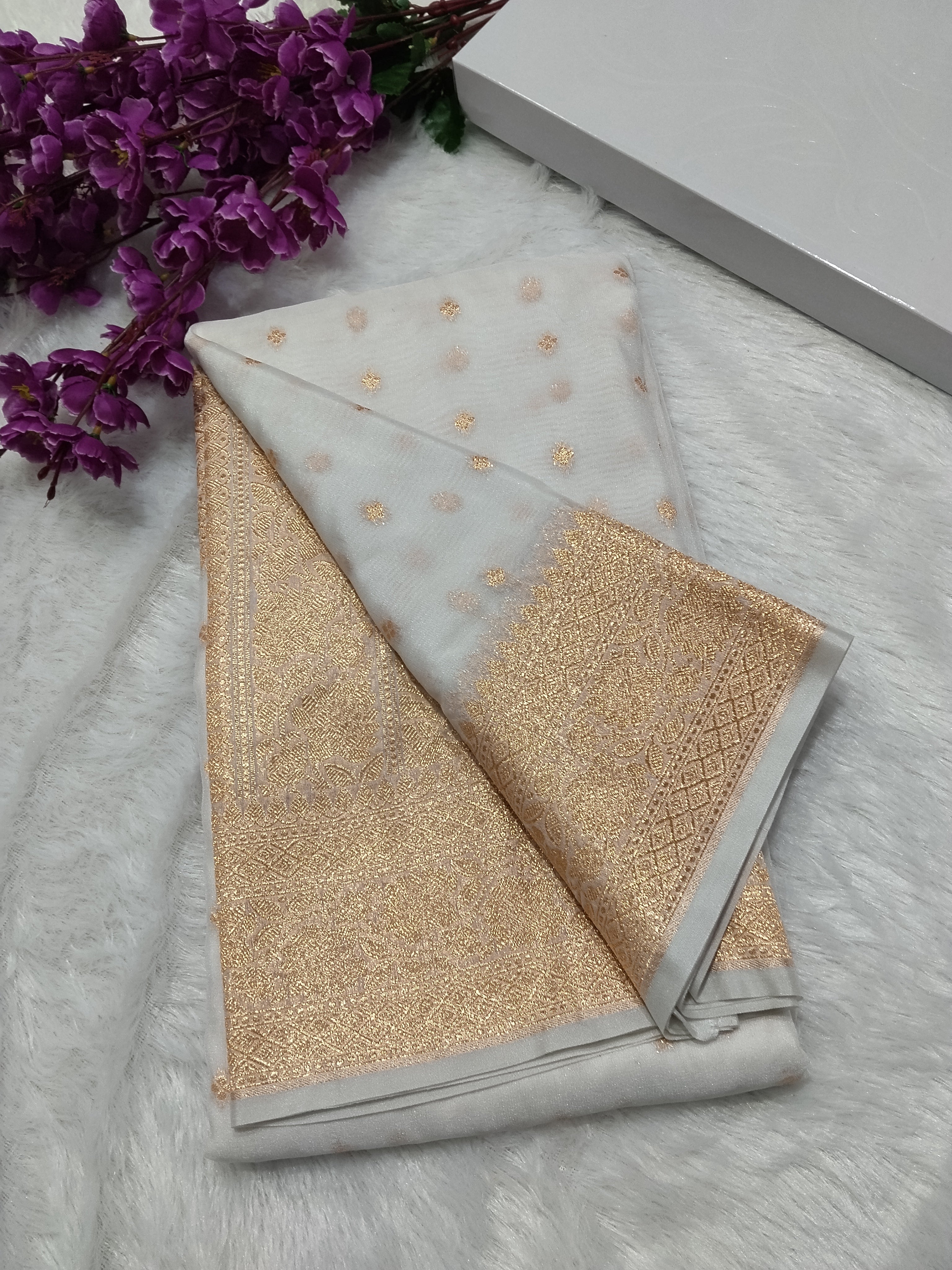 Cream Colour Banarasi Khaddi Georgette Saree