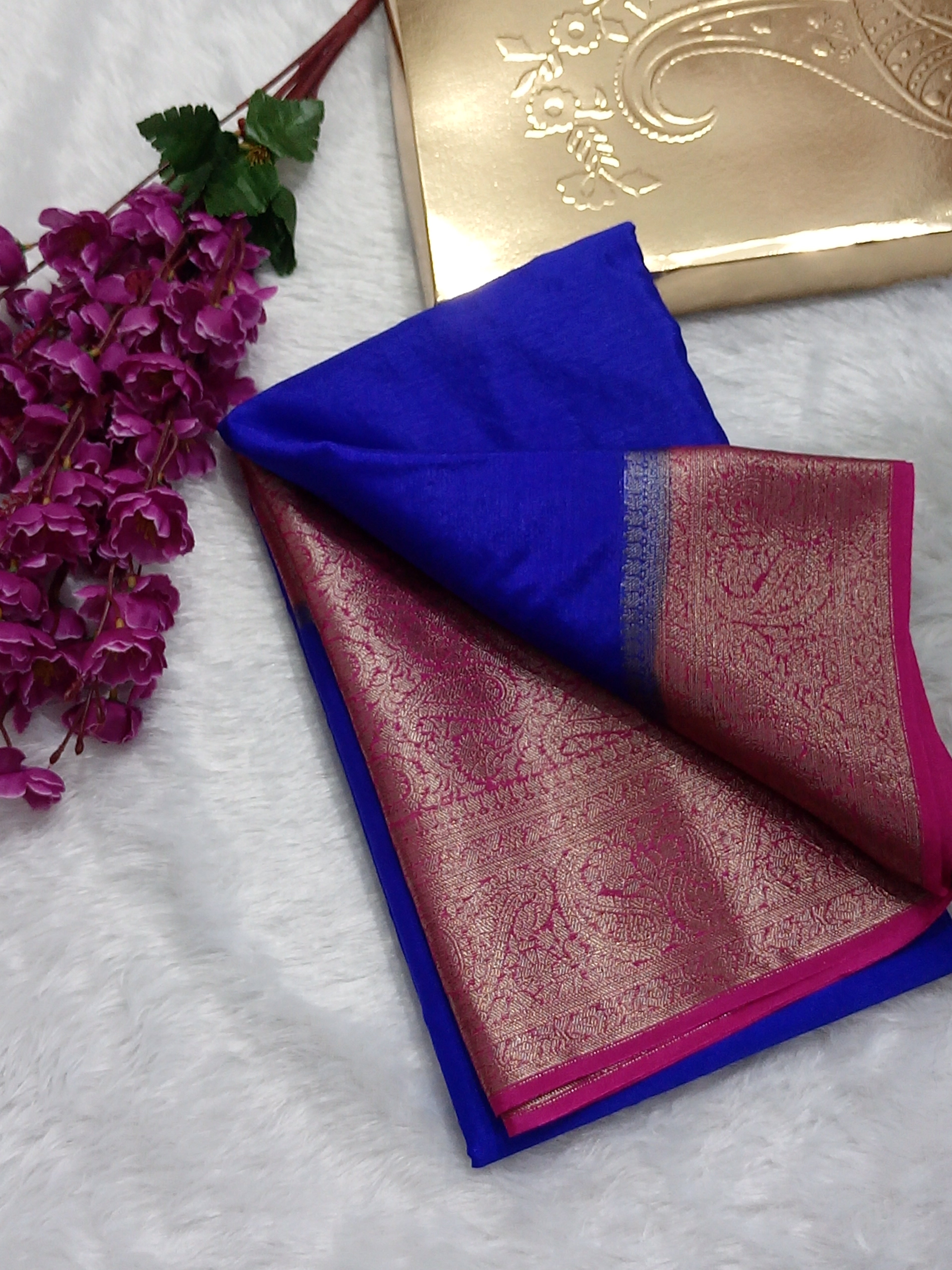 Royal Blue And Red Colour Plain Body Warm Silk Saree