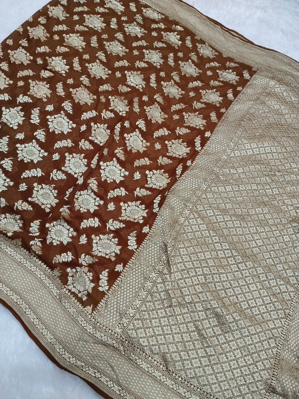 Dark Brown Colour Handloom Pure Banarasi Khaddi Georgette Saree Water Zari