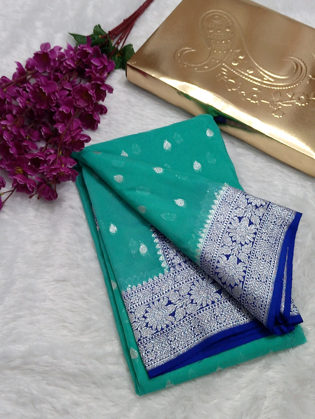 Sky Blue And Dark Blue Semi Georgette Saree