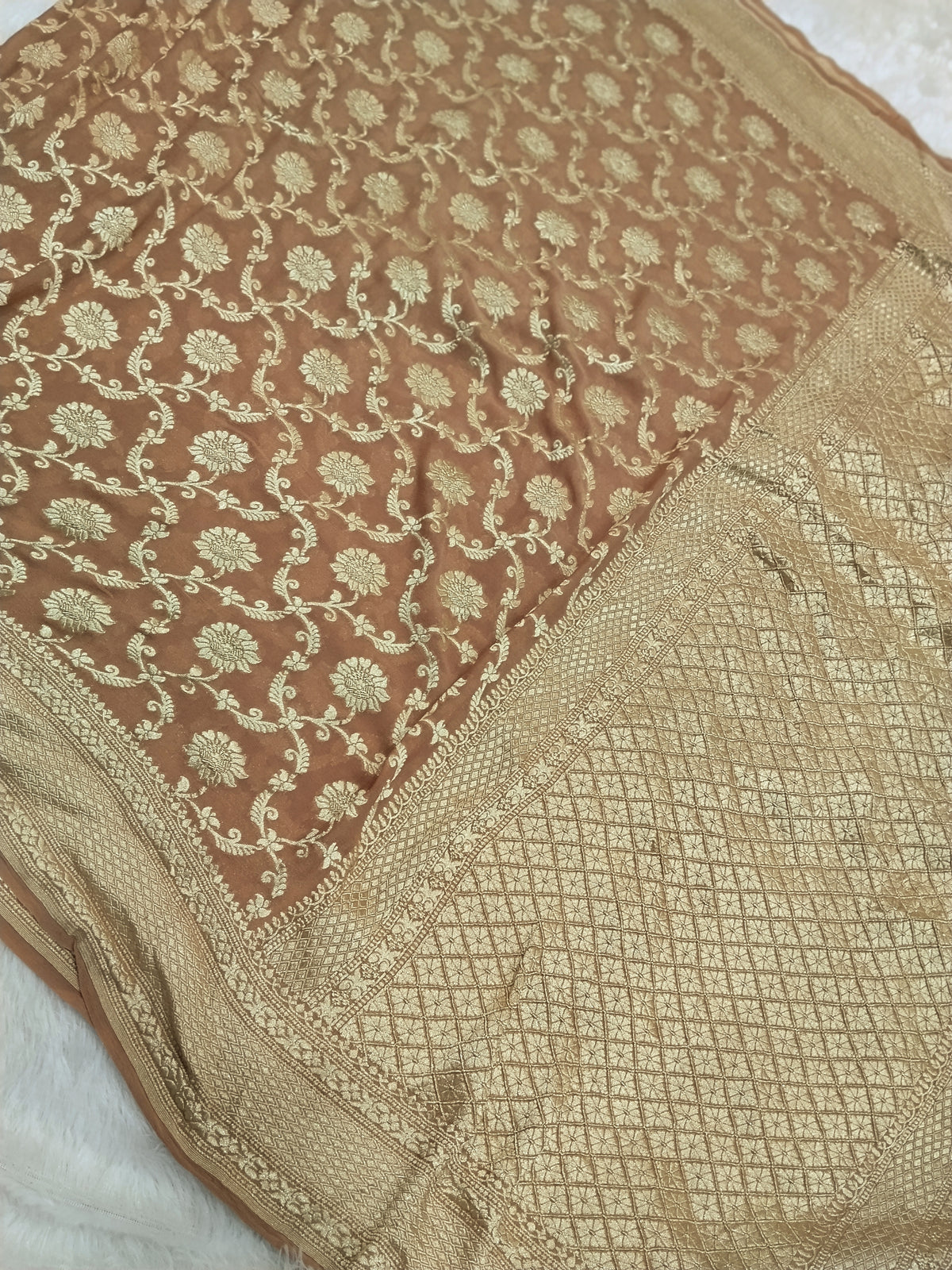 Dark Peach Colour Handloom Pure Banarasi Khaddi Georgette Saree Water Zari