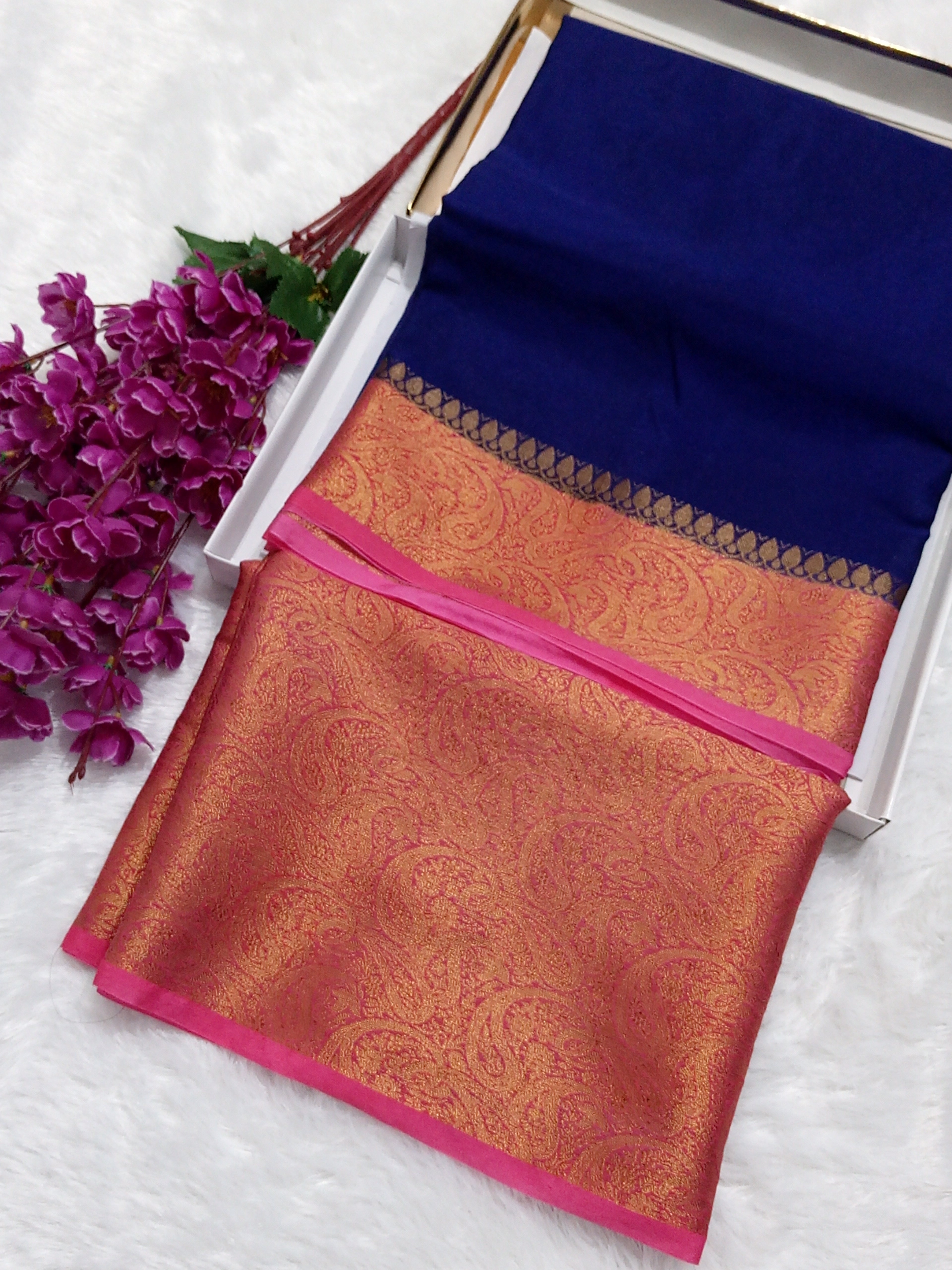 Navy Blue And Pink Colour Plain Body Warm Silk Saree