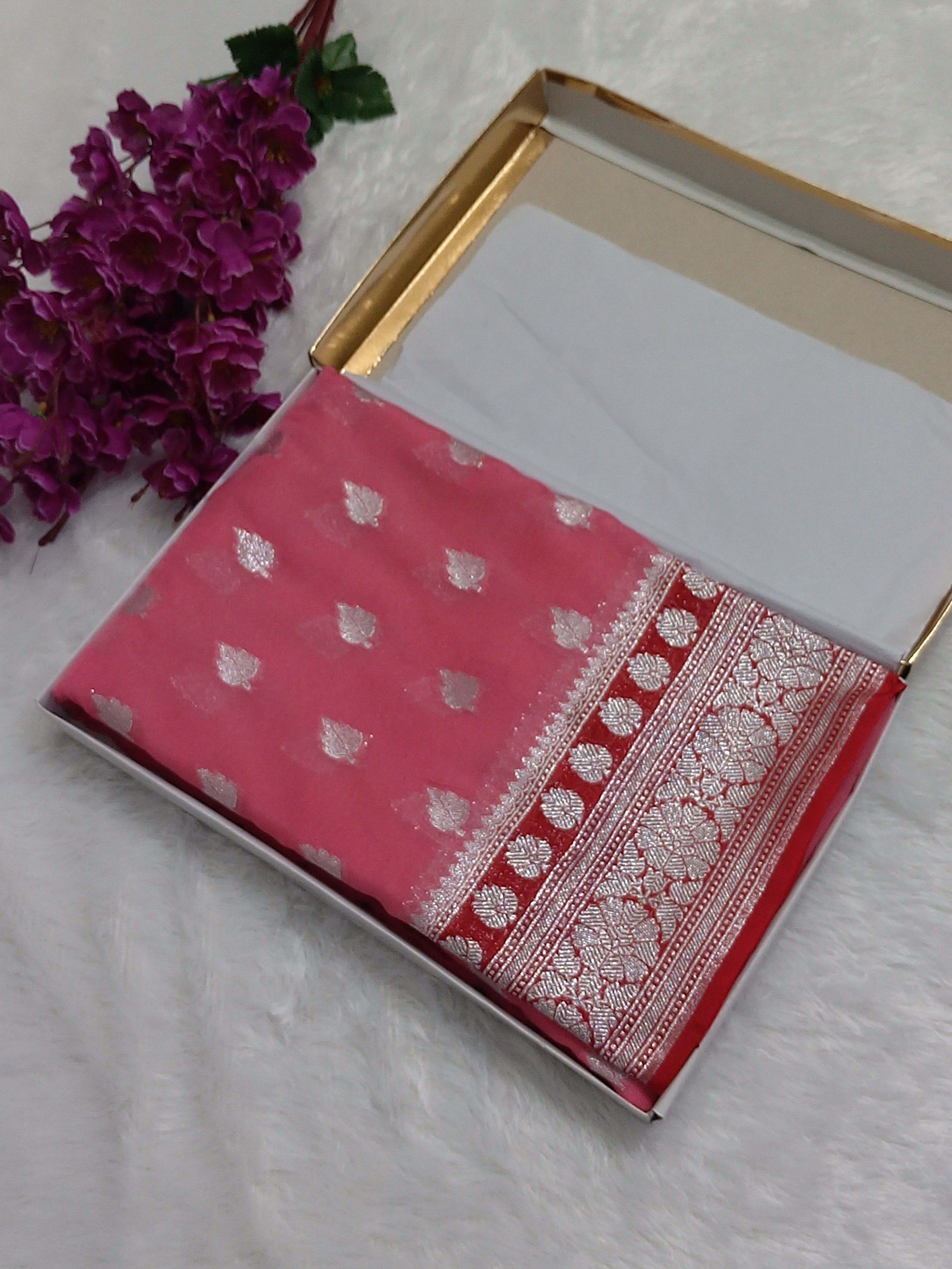 Peach And Red Colour Zari Buti Khaddi Georgette Saree