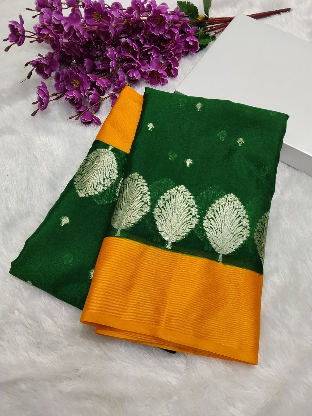 Bottle Green Colour And Yellow Party Wear Soft Warm Silk Saree