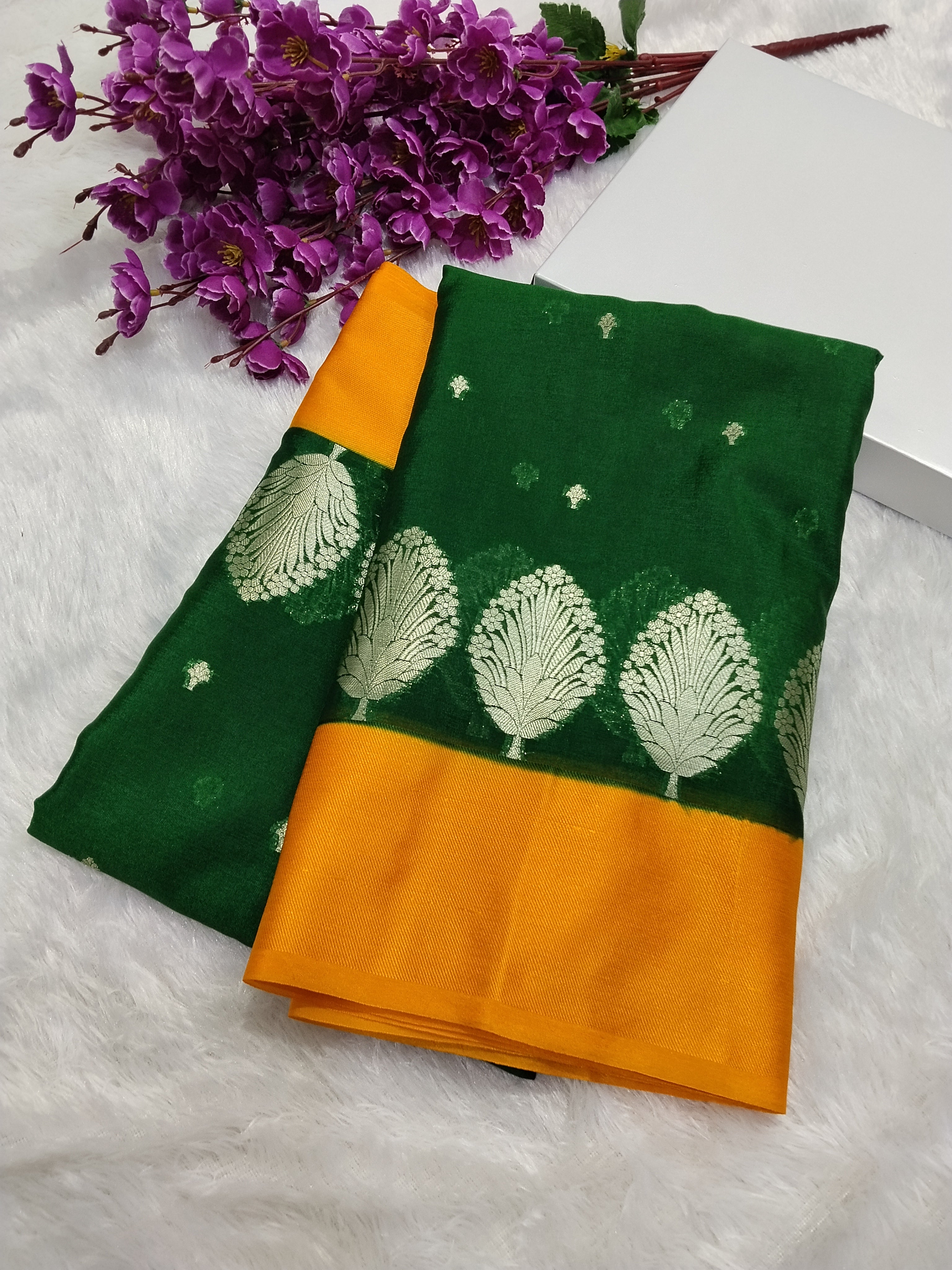 Bottle Green Colour And Yellow Party Wear Soft Warm Silk Saree